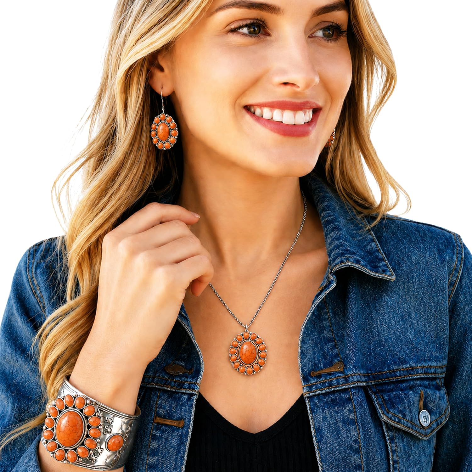 Shop LC Howlite Western Jewelry Set for Women Boho Cowgirl | 3-Piece Necklace Bracelet Earrings, Turquoise-Inspired, Chunky Statement, Southwestern