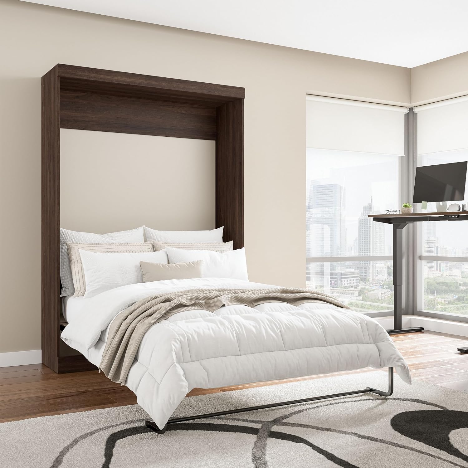 Bestar Pur Queen Murphy Bed, 65-inch Space-Saving Sleeping Arrangement for Multipurpose Area, Bedroom, Guest Room, or Living Room | Dual piston mechanism; for guest room or multipurpose space; Shaker-inspired trim with metal handles