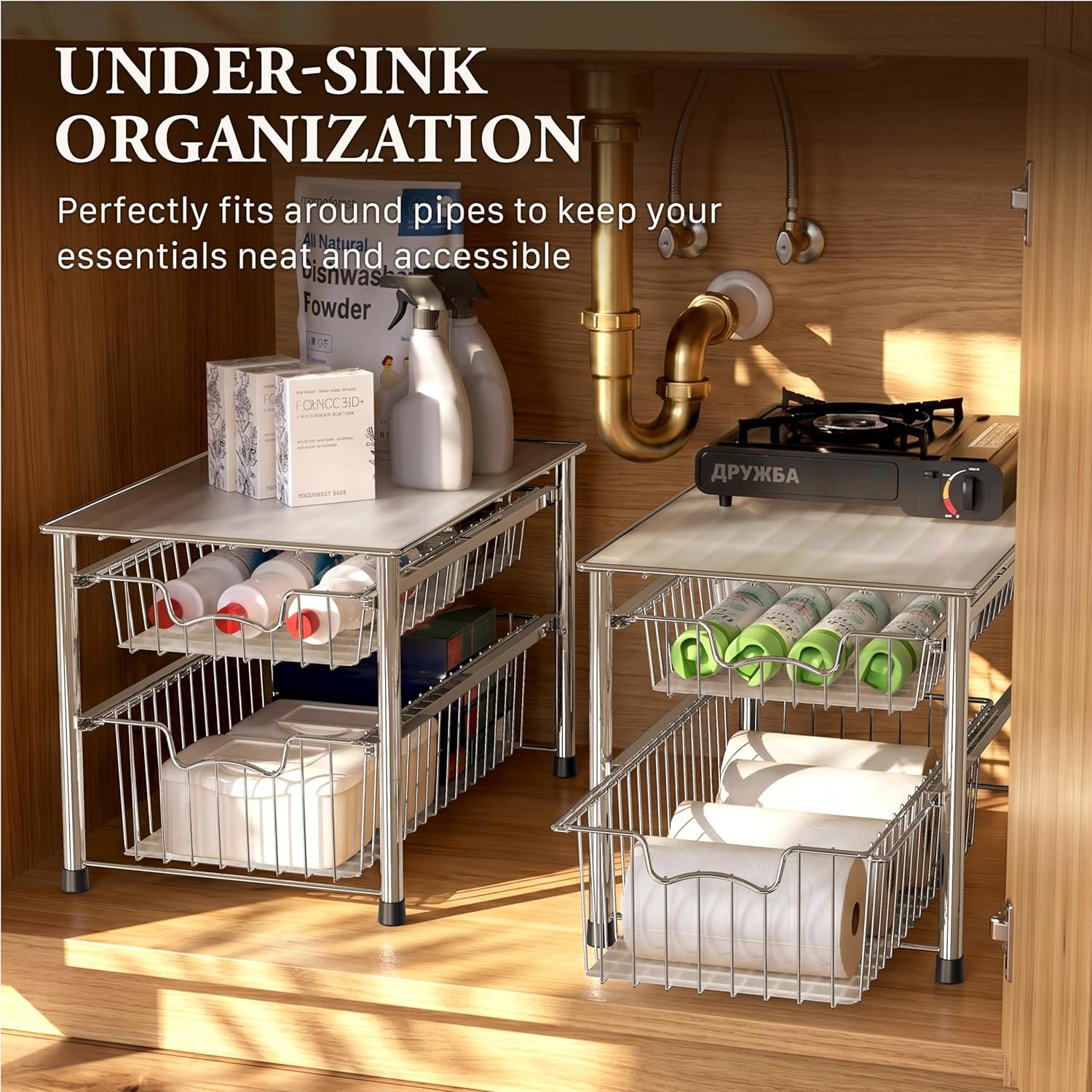 Simple Houseware Stackable 3 Tier Sliding Basket Organizer Drawer, Chrome