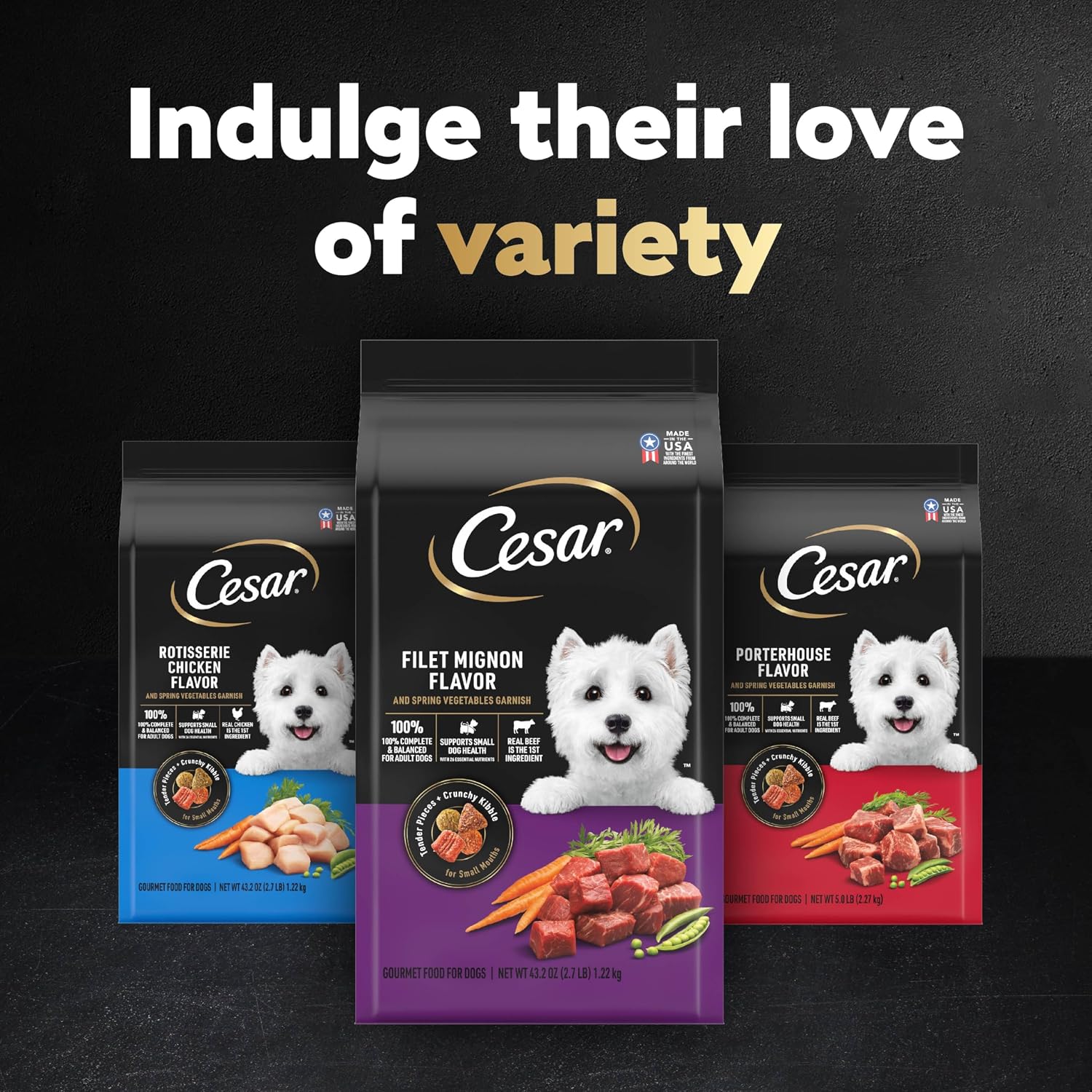 Cesar Small Breed Dry Dog Food, Chicken & Spring Vegetables Flavor, 5 lb | Made in USA, Real chicken #1 ingredient, 26 essential nutrients, supports small breed health, no artificial flavors
