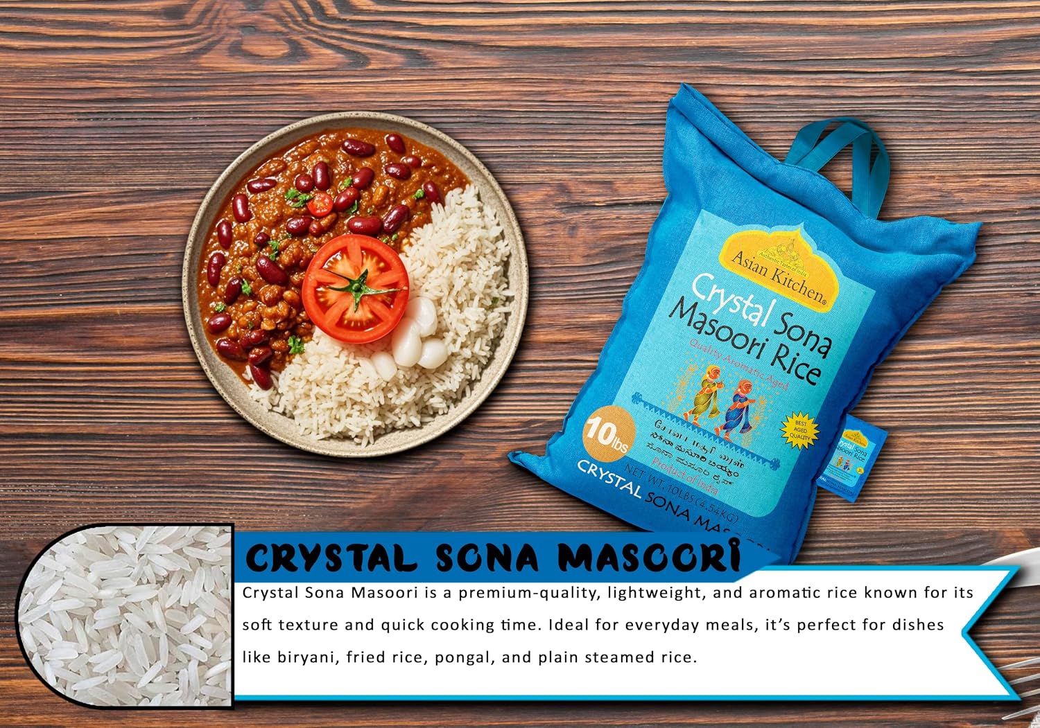 Asian Kitchen White Sona Masoori Aged Rice 20-Pound Bag, 20lbs (9.08kg) Short Grain Rice ~ All Natural | Gluten Friendly | Vegan | Kosher | Indian Origin | Export Quality