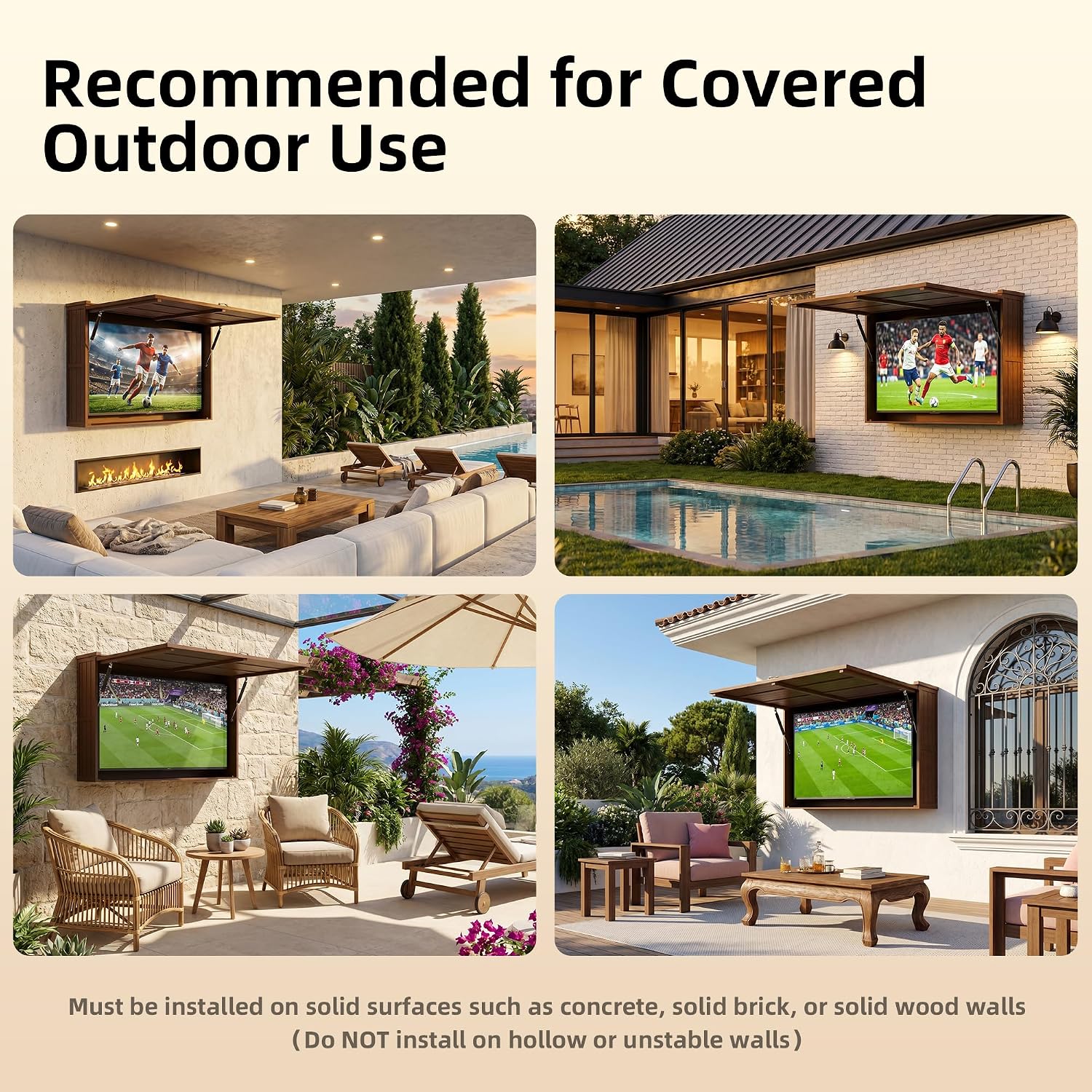 Outdoor TV Enclosure, Fit for 32-55 Inch TV, Solid Wood Wall-Mounted TV Cabinet with Dual-Arm Steel Bracket, Includes 600D TV Cover (Walnut Color)