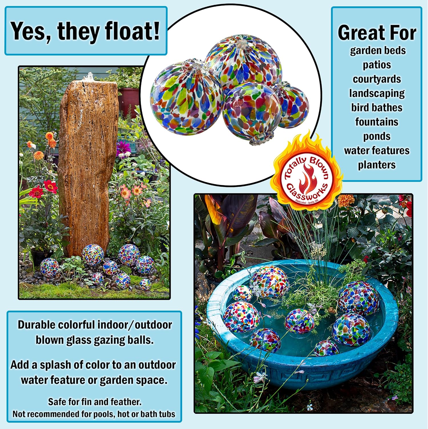 Totally Blown Glassworks Pond Float. Handmade Blown Glass, Garden Gazing Ball, Table Centerpiece