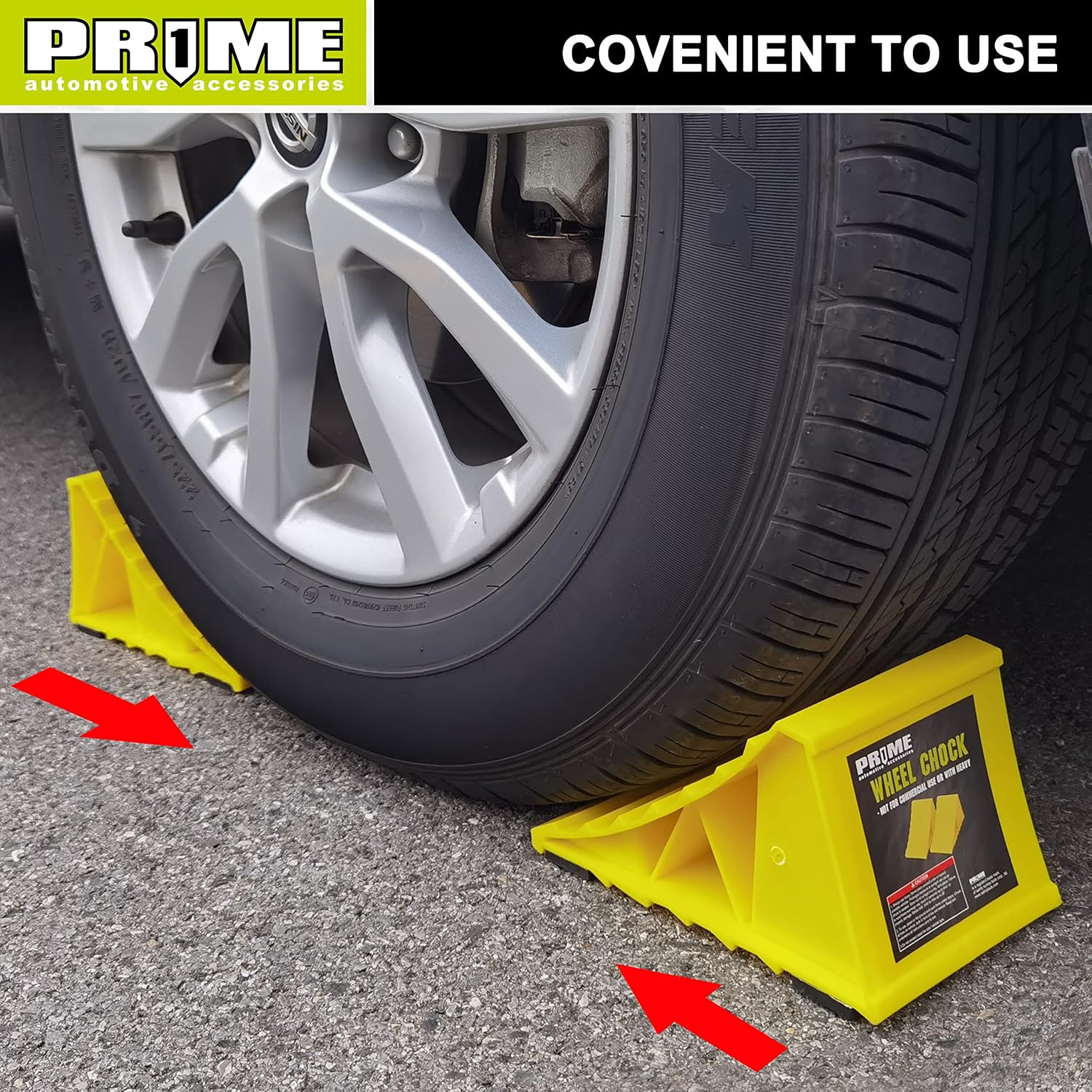 PR1ME Wheel Chocks with Non-Slip Base for RV & Trailer. 2 Pack Heavy Duty Wheel Chock with Bright Yellow. Lightweight Wheel Stoppers for Cars Camper