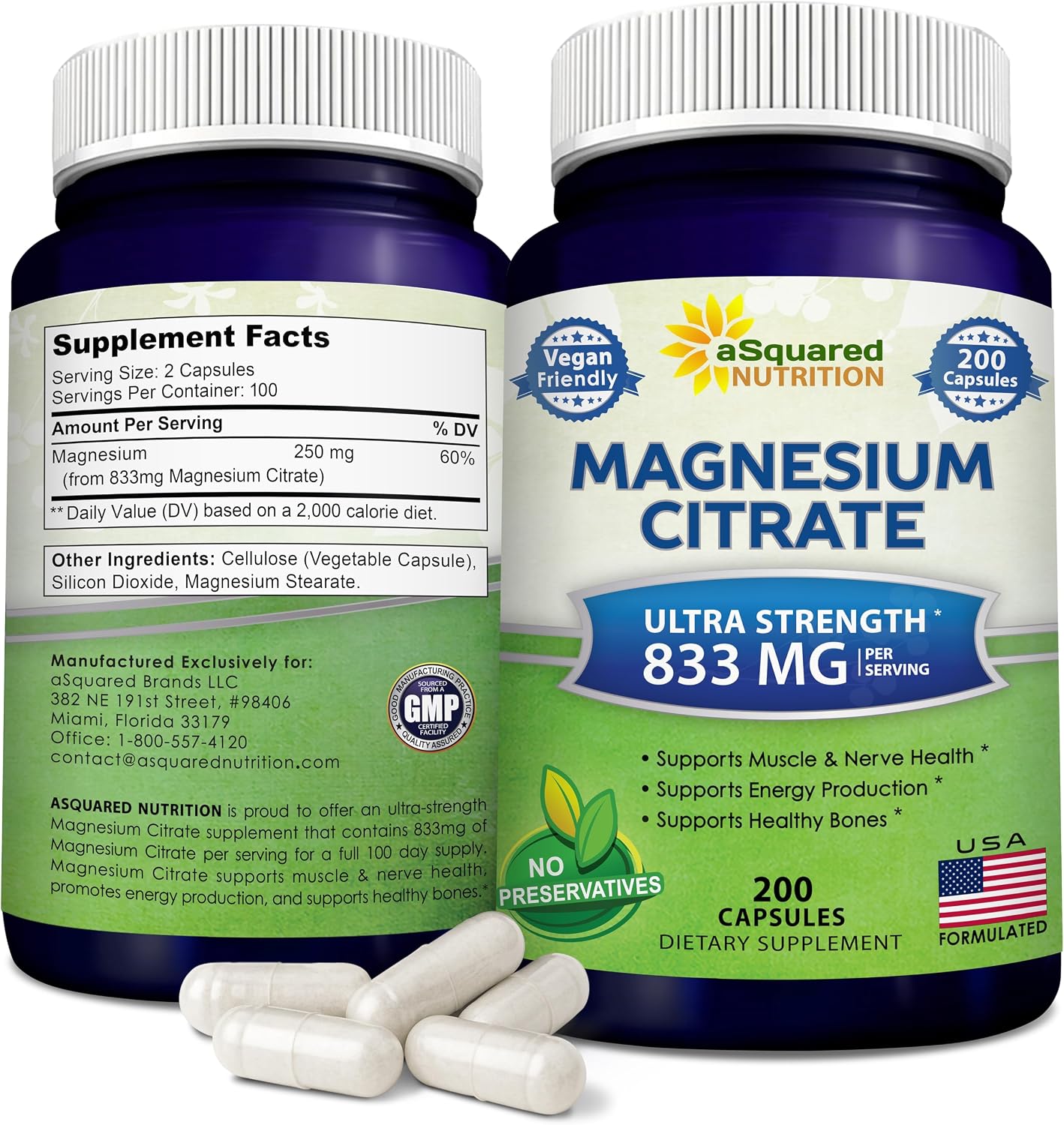 aSquared Nutrition Magnesium Citrate 833mg Supplement - 200 Capsules - Max Strength Vegan Mag Citrate Powder Pills to Support Pure Function of Muscles