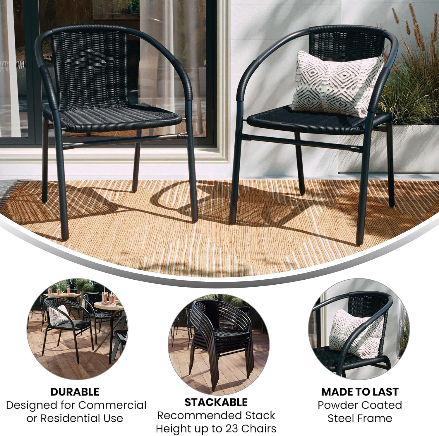 Flash Furniture Lila Modern Rattan Indoor/Outdoor Stackable Dining Chairs, Stacking Rattan Bistro Chairs for Patio or Restaurant, Set of 4, Brown | Commercial Grade, Indoor/Outdoor Use