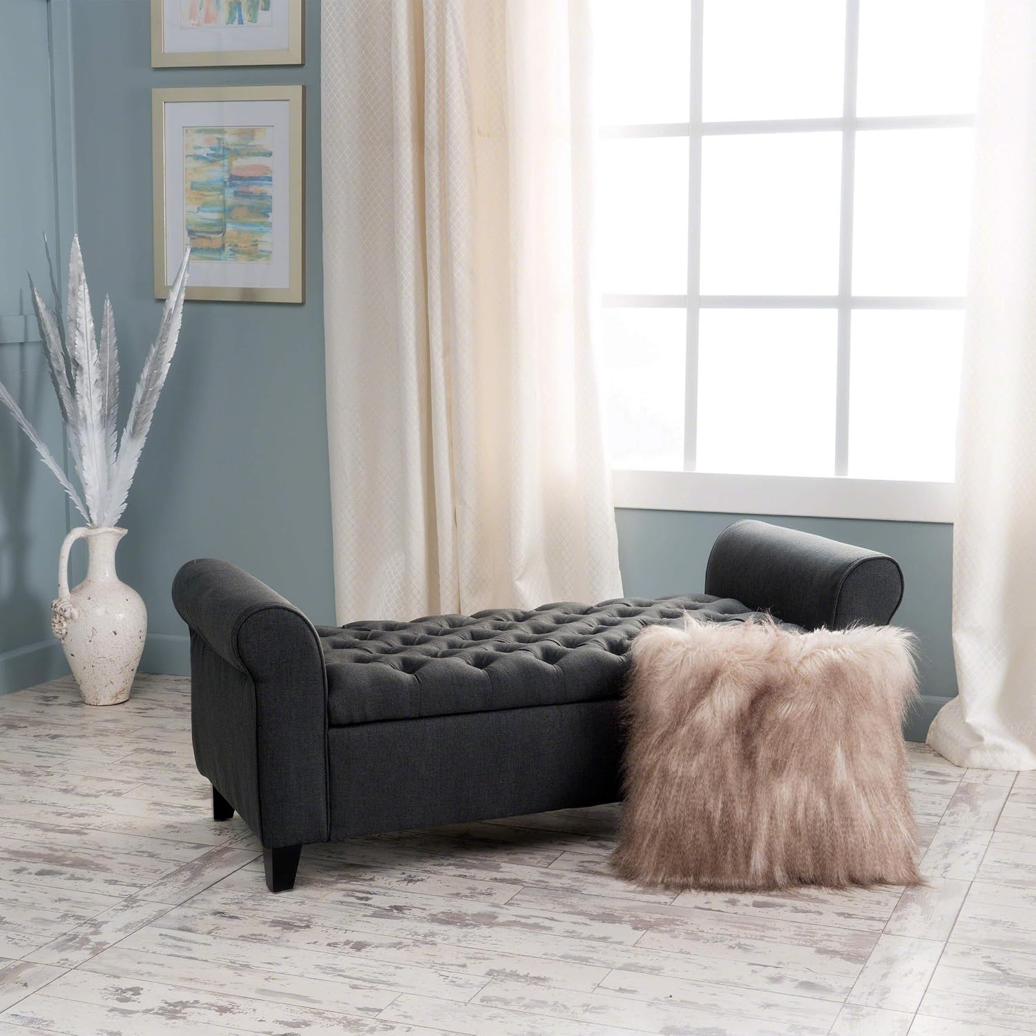 Christopher Knight Home Keiko Fabric Armed Storage Bench, Dark Grey, 19.50”D x 50.00”W x 19.25”H