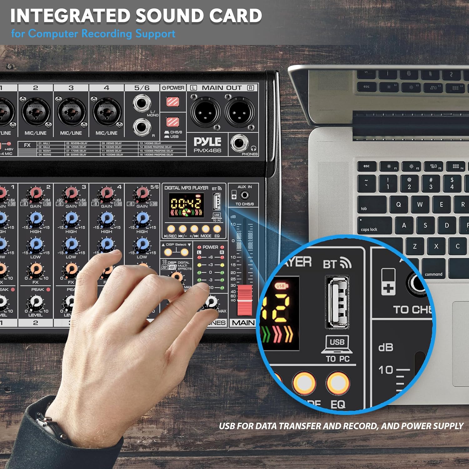 Pyle Professional Bluetooth DJ Audio Mixer - 6-Channel DJ Controller Sound Mixer w/DSP 16 Preset Effects, USB Interface, 4 XLR Mic/Line Input, AUX