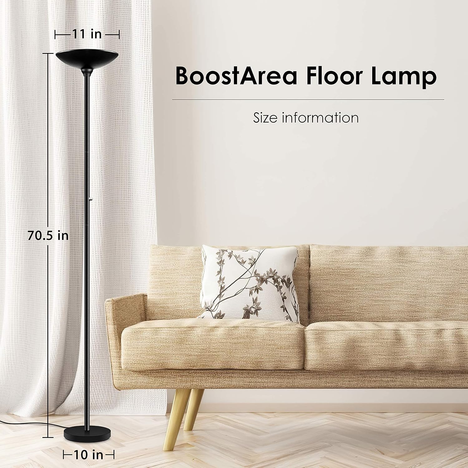 BoostArea Torchiere Floor Lamp, 30W Super Bright LED Standing Lamp, Stepless Dimmable Pole Lamp with 3000K Lighting, Rotary Switch