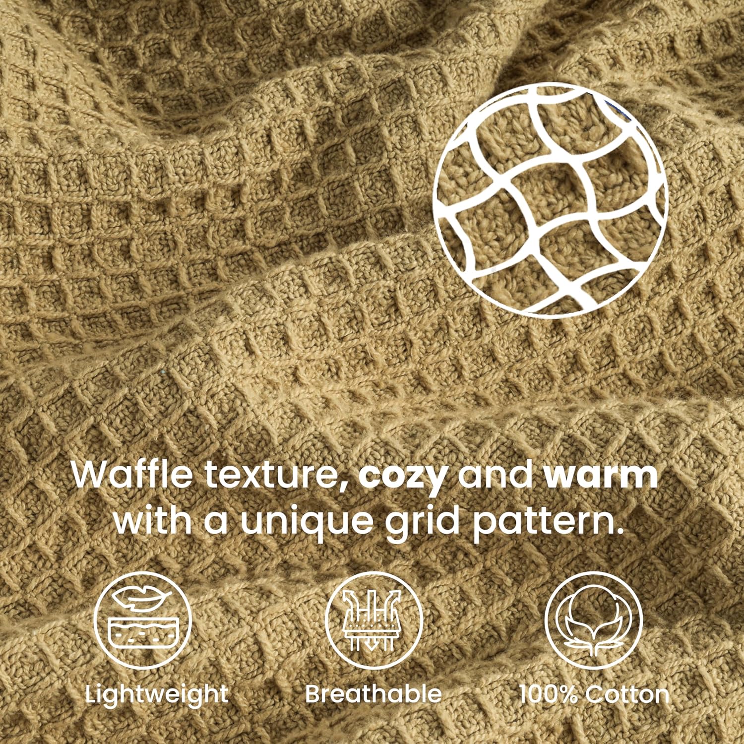 Tex Trend 100% Cotton Waffle Weave Blanket Queen Size - Soft, Breathable Cooling Blanket for Bed, Lightweight Cozy Summer & Spring Bedding, Grey, 90x90