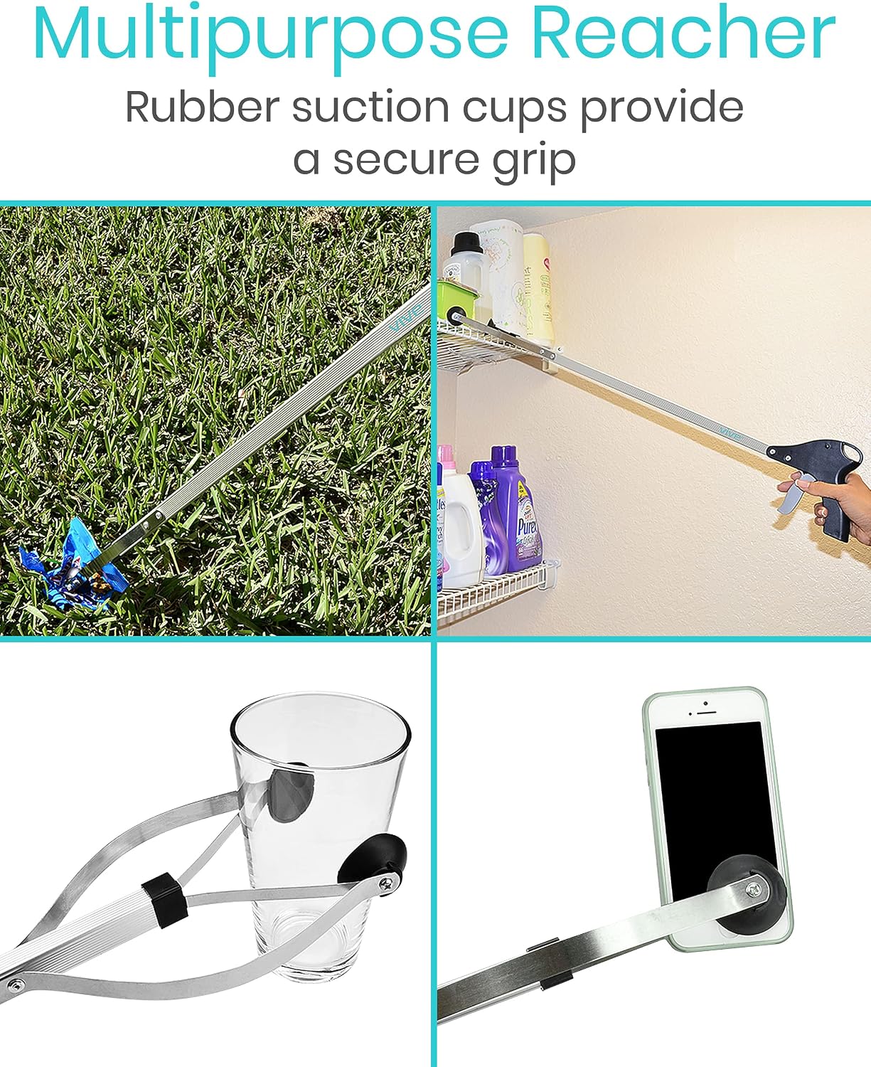 Vive Suction Cup Grabber Reacher 32" - Elderly Grab It Reaching Pickup Tool | Heavy Duty for Seniors - Trash, Sticks, Litter Picker Upper - Extra Long Reach Handle & Handy Extension Arm Claw