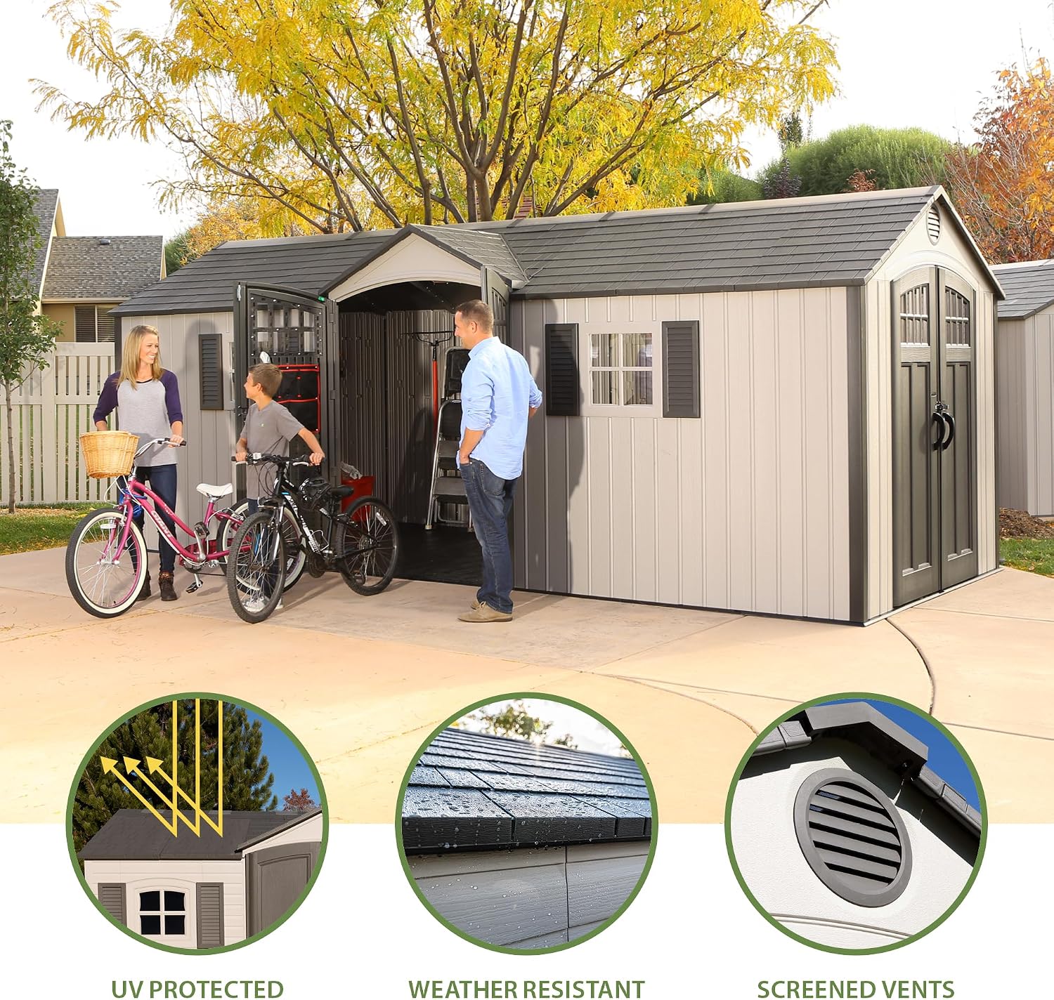 Lifetime 20 x 8 Ft. Outdoor Storage Shed with Steel Reinforced HDPE Walls, Lockable Doors, Windows, Skylights, Adjustable Shelving