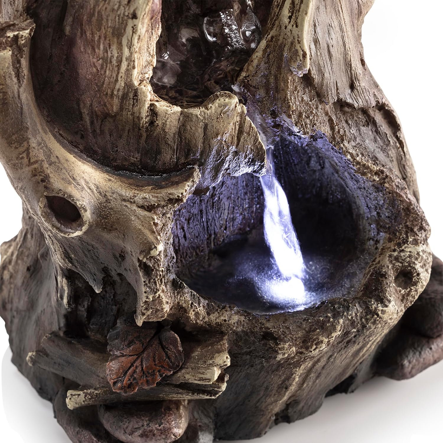 Alpine Corporation WIN326 Indoor Tabletop Light-Up Tiered Rainforest Tree Trunk Water Fountain with LED Lights, 11", Brown