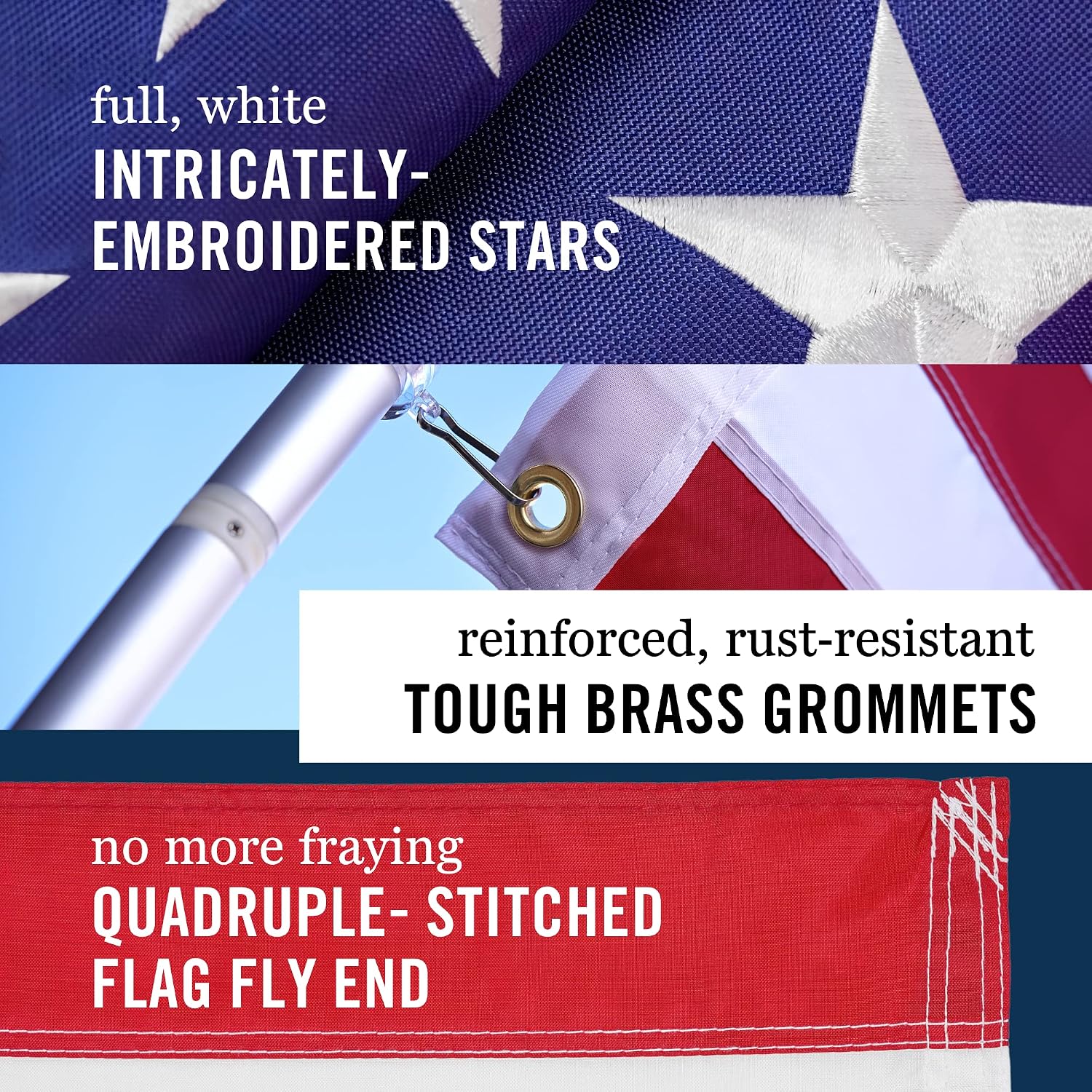 American Flag 5x8 ft Embroidered Stars Sewn Stripes | Embroidered USA flag with vivid colors and quadruple stitched fly end for enhanced durability. Features 210D Nylon