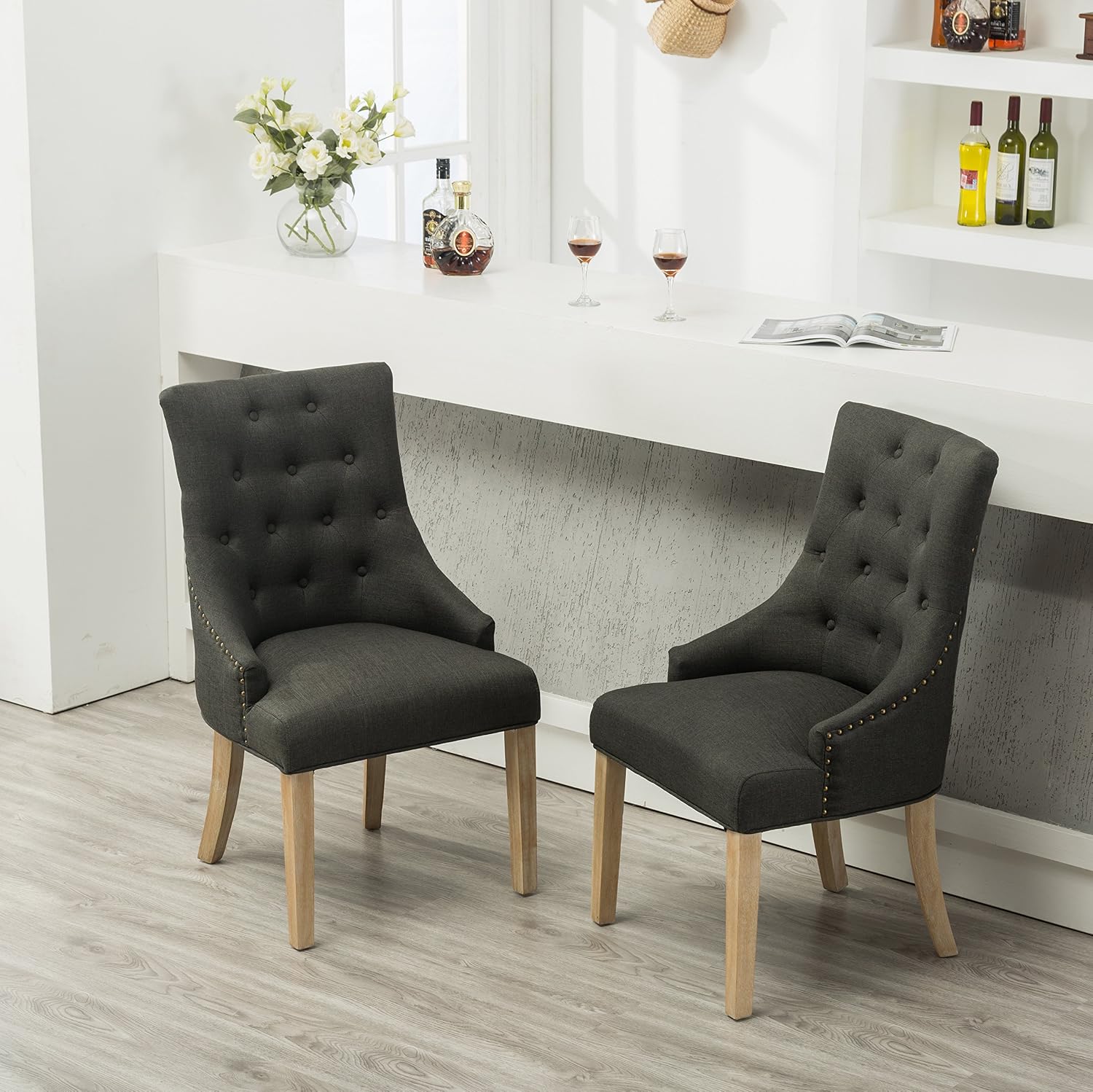 Roundhill Furniture Button Tufted Solid Wood Wingback Hostess Chairs with Nail Heads, Set of 2, Tan, White, "Tan, 24D x 22W x 39H in