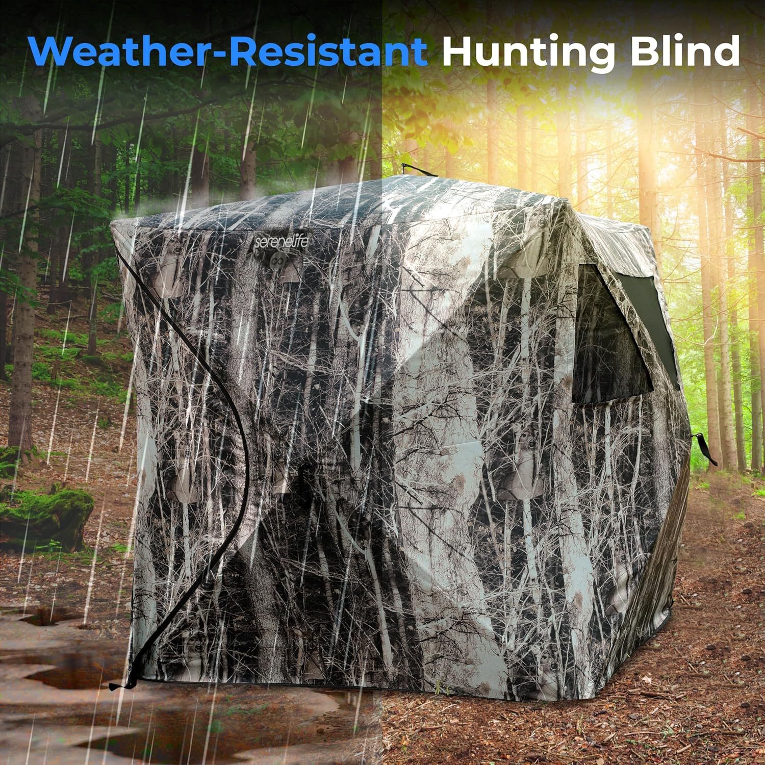 SereneLife Caretaker Ground Hunting Blind – Pop-Up Camouflage Deer Blind w/Dual-Floor Kick-Outs, Water Repellent and UV Treated