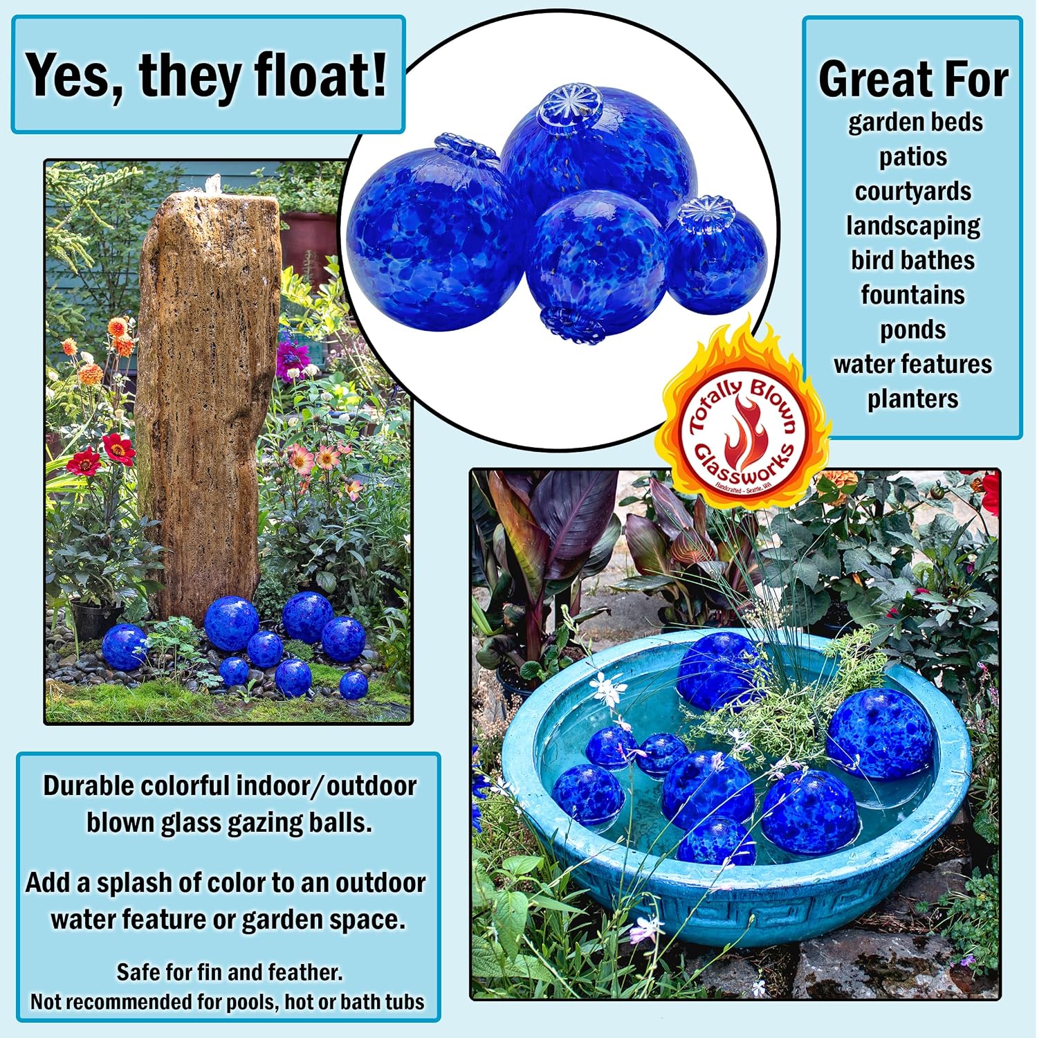 Totally Blown Glassworks Pond Float. Handmade Blown Glass, Garden Gazing Ball, Table Centerpiece