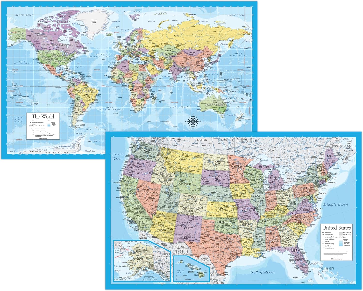 Laminated World Map & US Map Poster Set - 18" x 29" - Wall Chart Maps of the World & United States - Made in the USA - (LAMINATED, 18" x 29")