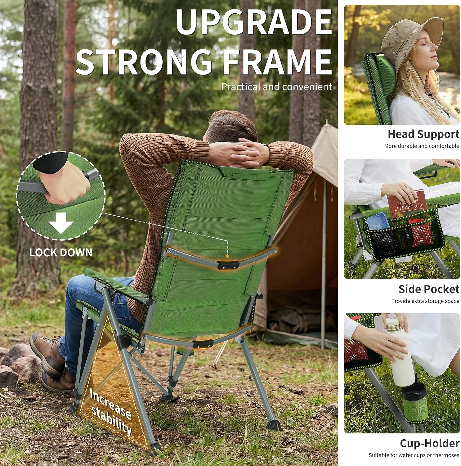 Adjustable Back Folding Camping Chair for Camp, Picnic, Lawn, Fishing | Adjustable Back; Weight Capacity 400 LBS;Hard Arm Portable Chair;Cup Holder;Storage Bag;carrying bag