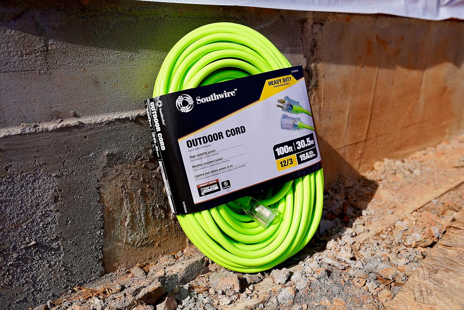 Southwire 02579-0X 100-Foot 12/3 Neon Outdoor Extension Cord; Bright Green