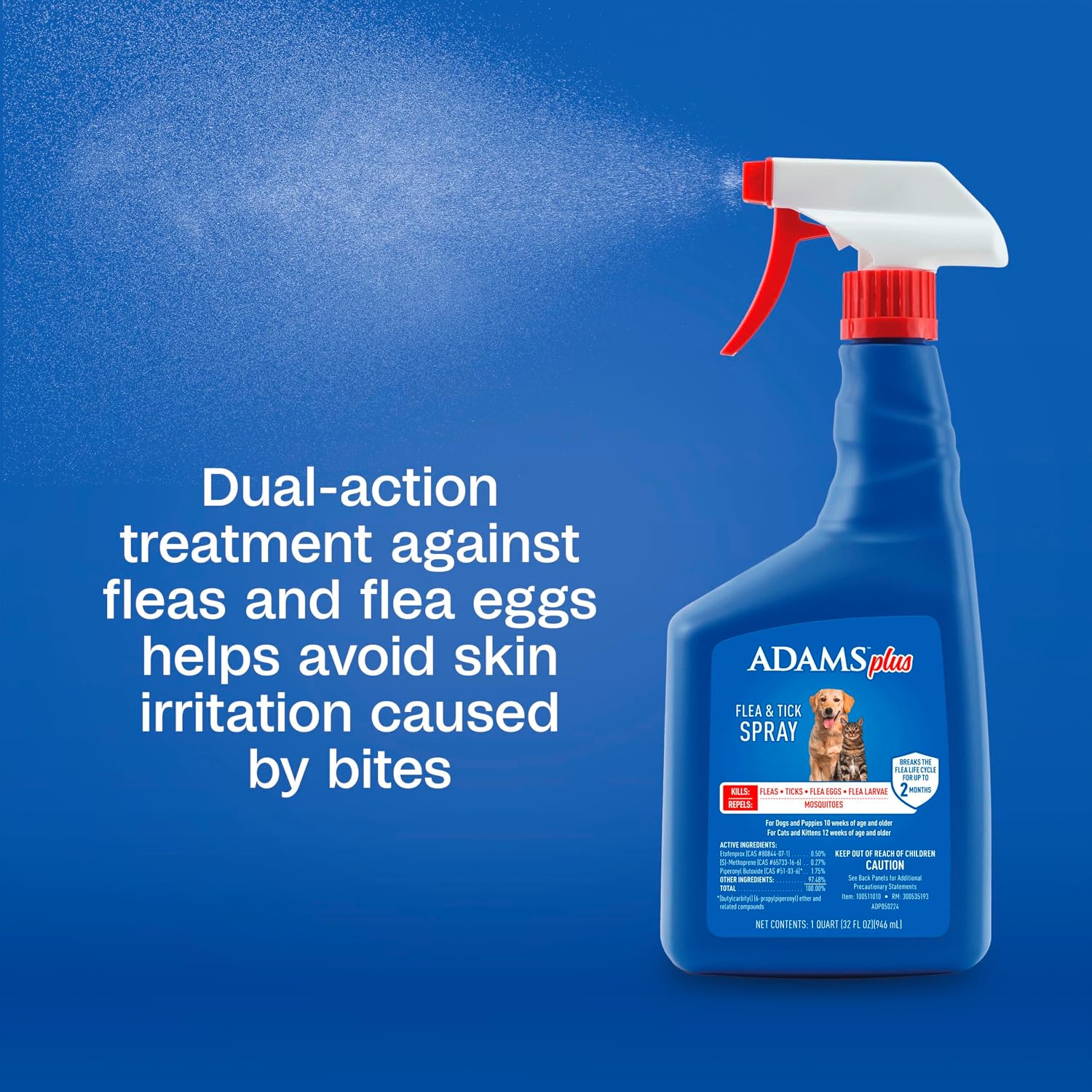 ADAMS Plus Flea and Tick Spray for Dogs & Cats, Kills Fleas and Ticks, Repels Mosquitoes, Prevents Infestations up to 2 Months, Treatment for Dogs, Cats, Puppies & Kittens, 16 Fl Oz