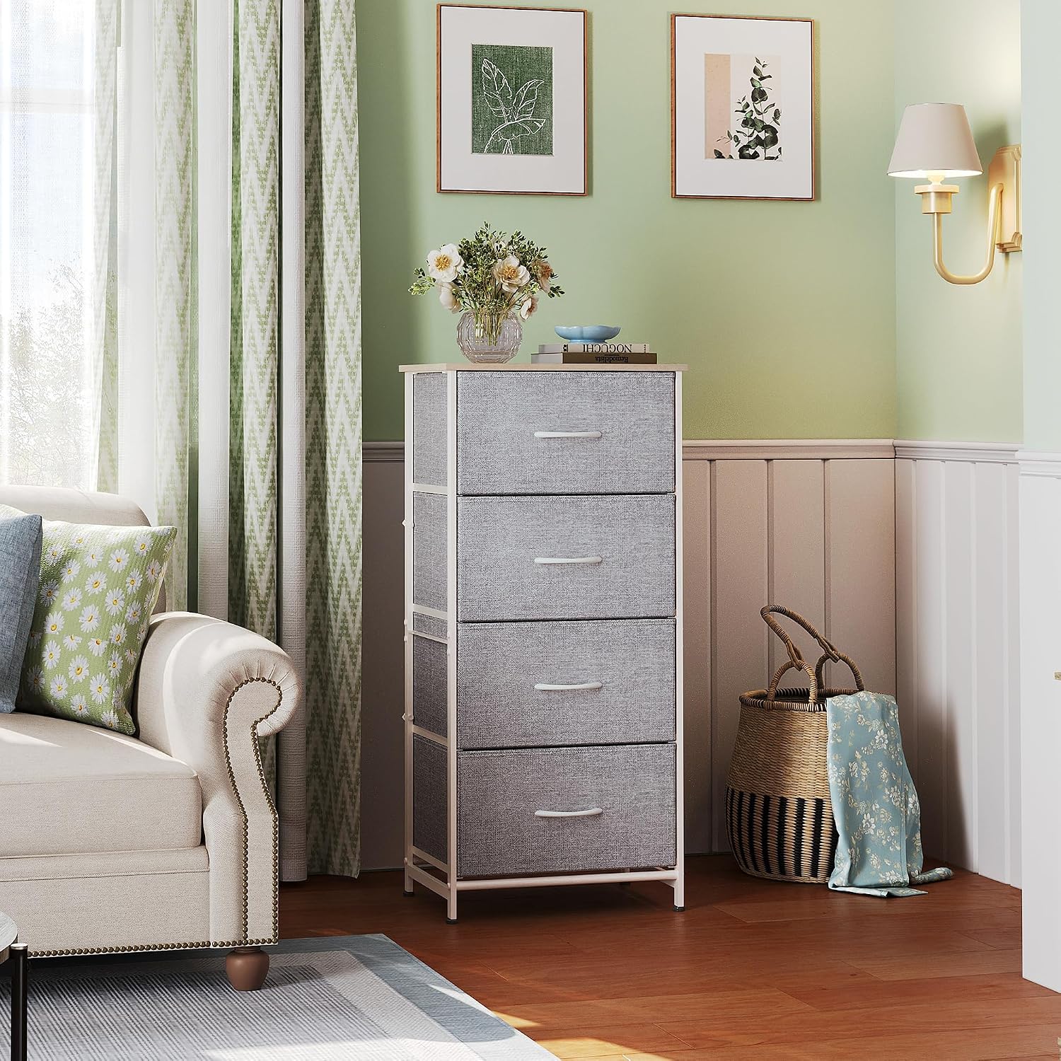 WLIVE Small Dresser Nightstand for Bedroom, 4 Drawers, Light Grey | 4 vertical fabric drawers, Space-saving tower, Bedroom or closet use, Chest of drawers, Dresser for small spaces