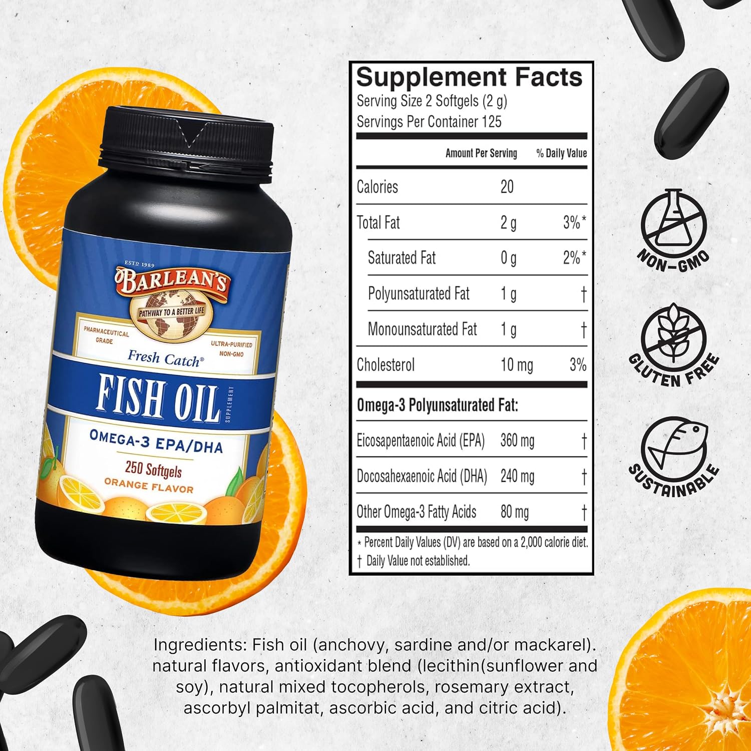 Barlean's Omega 3 Fish Oil Supplements, 600mg Fish Oil Pills with EPA & DHA, Softgels for Joint, Brain, & Heart Health, Orange Flavored, 250 Count | Wild-caught fish oil, EPA DHA omega-3, Burpless, Non-GMO, Gluten-free, 250-count value size, Heart & brai…