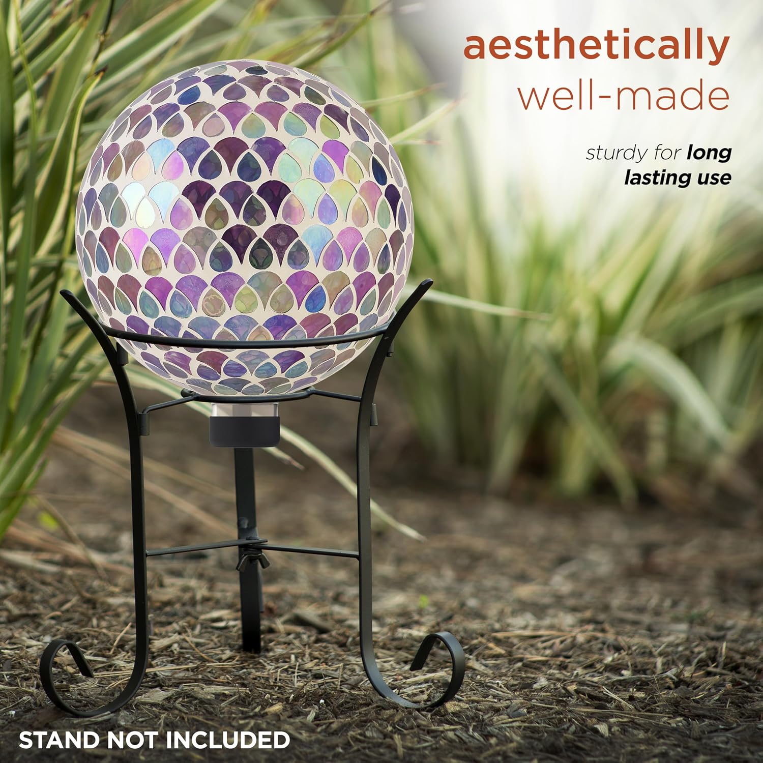 Alpine Corporation 10" Diameter Indoor/Outdoor Glass Mosaic Gazing Globe Yard Decoration, Purple Pearlized Petals Design