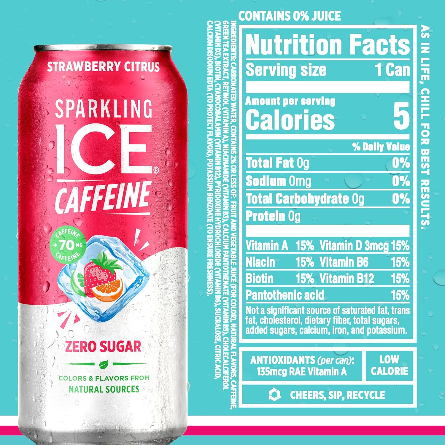 Sparkling Ice Caffeine Black Raspberry Sparkling Water with Caffeine, Zero Sugar, with Antioxidants and Vitamins,16 fl oz Cans (Pack Of 12)