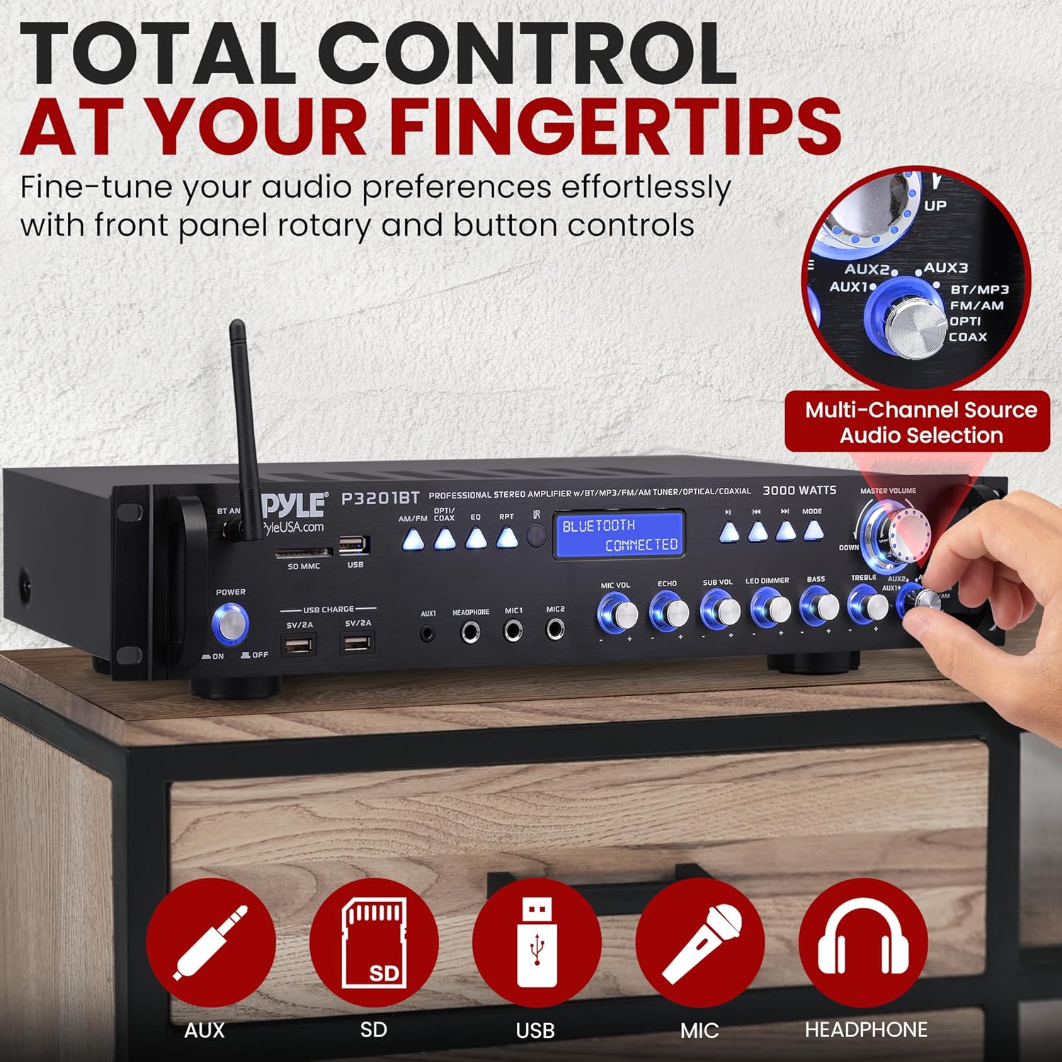 Pyle Multi Channel Bluetooth Preamplifier Receiver - 3000 Watt Audio Home Speaker Sound Stereo w/Radio, USB, Headphone, AUX, RCA