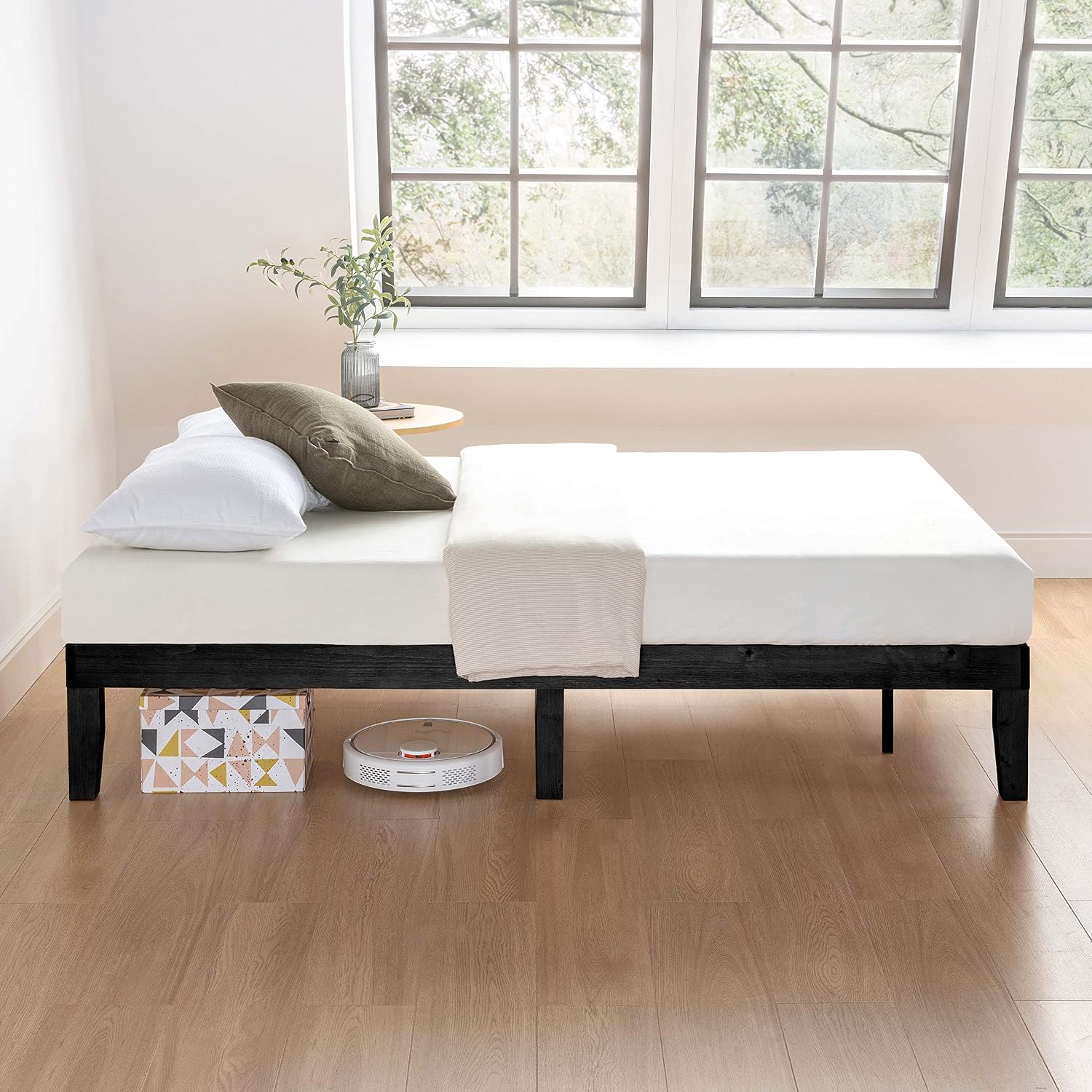 Mellow Naturalista Classic - 12 Inch Solid Wood Platform Bed with Wooden Slats, No Box Spring Needed, Easy Assembly, Queen, Pine