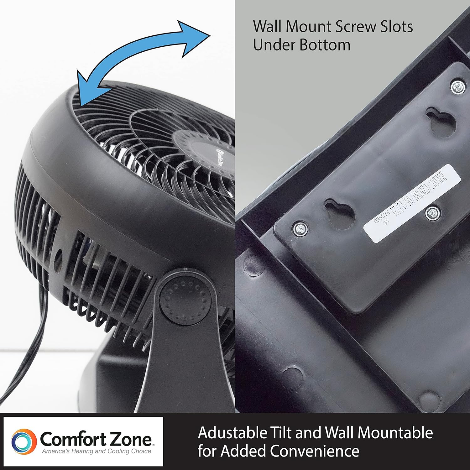 Comfort Zone Table Fan, 8 inch, 3 Speed, Personal Fan, Electric, Wall Mountable, 180 Degree Adjustable Tilt, Tabletop Fan, Desk Fan