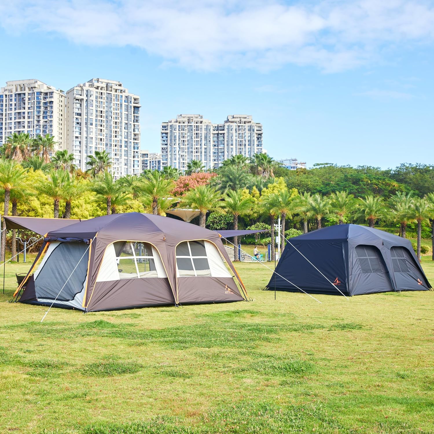 KTT Extra Large Tent 12-14 Person, Family Cabin Tents, 2 Rooms, Straight Wall, 2 Doors 4 Windows with Mesh, Waterproof, Double Layer