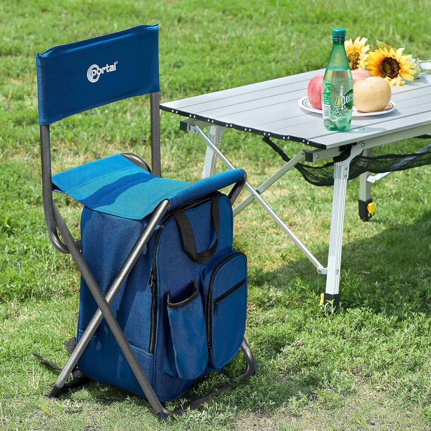 Portal Backpack Cooler Chair with Backrest, Portable Folding Stool | Blue, up to 350 lbs, Cup Holder, Zipper Pocket, Non-slip Foot