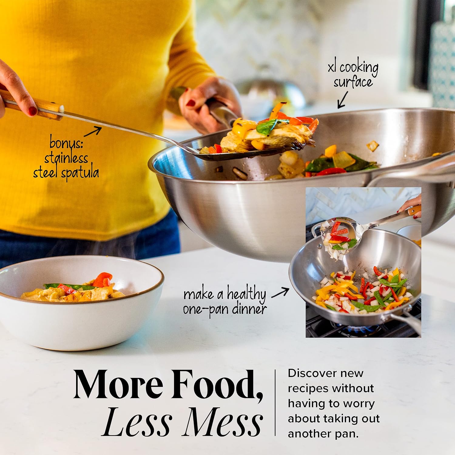 Willow & Everett Stainless Steel Flat Bottom Wok Pan, Professional Traditional Stir Fry Cookware w/Domed Lid & Spatula