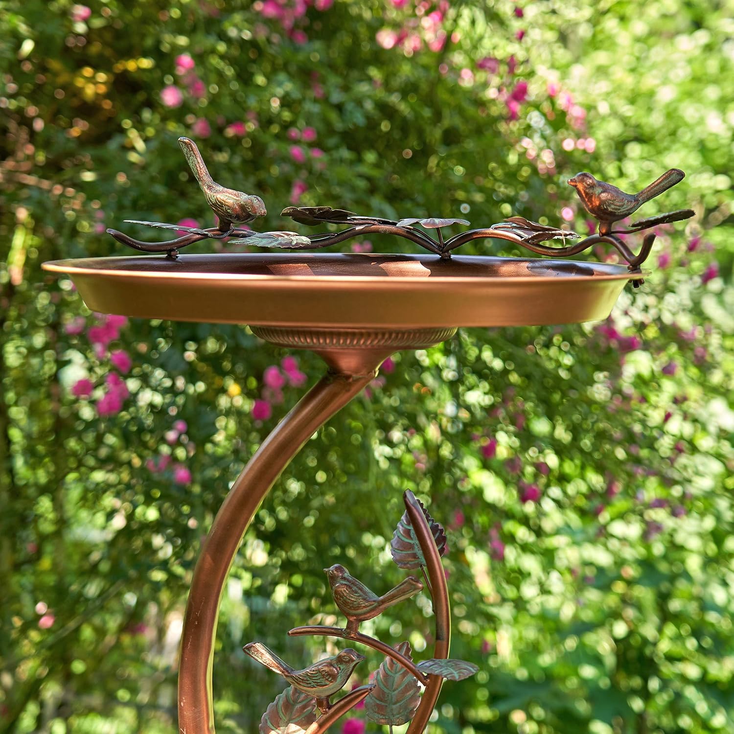 Zaer Ltd. Shallow Birdbath on Curved Branch Stand (Aged Copper Finish)