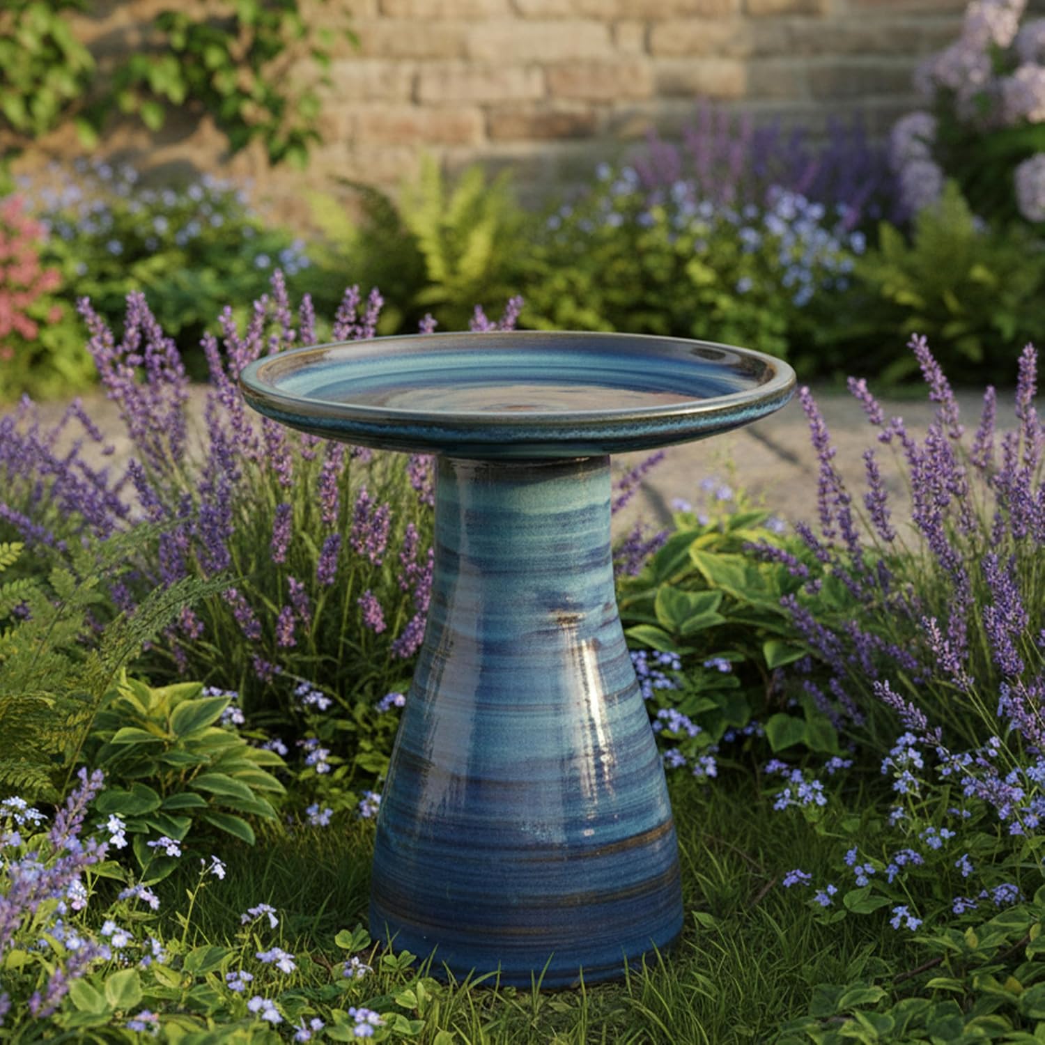 Sunnydaze Ceramic Bird Bath, Weather-Resistant Finish, 21” H, Galaxy Blue