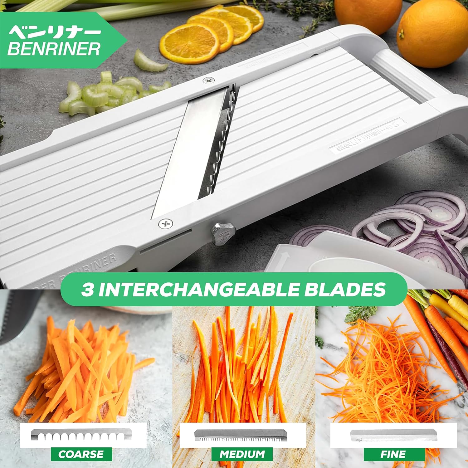 Benriner Mandoline Slicer with 4 Blades, Japanese Stainless Steel, BPA Free, 12.75 x 3.625-Inches, Beige