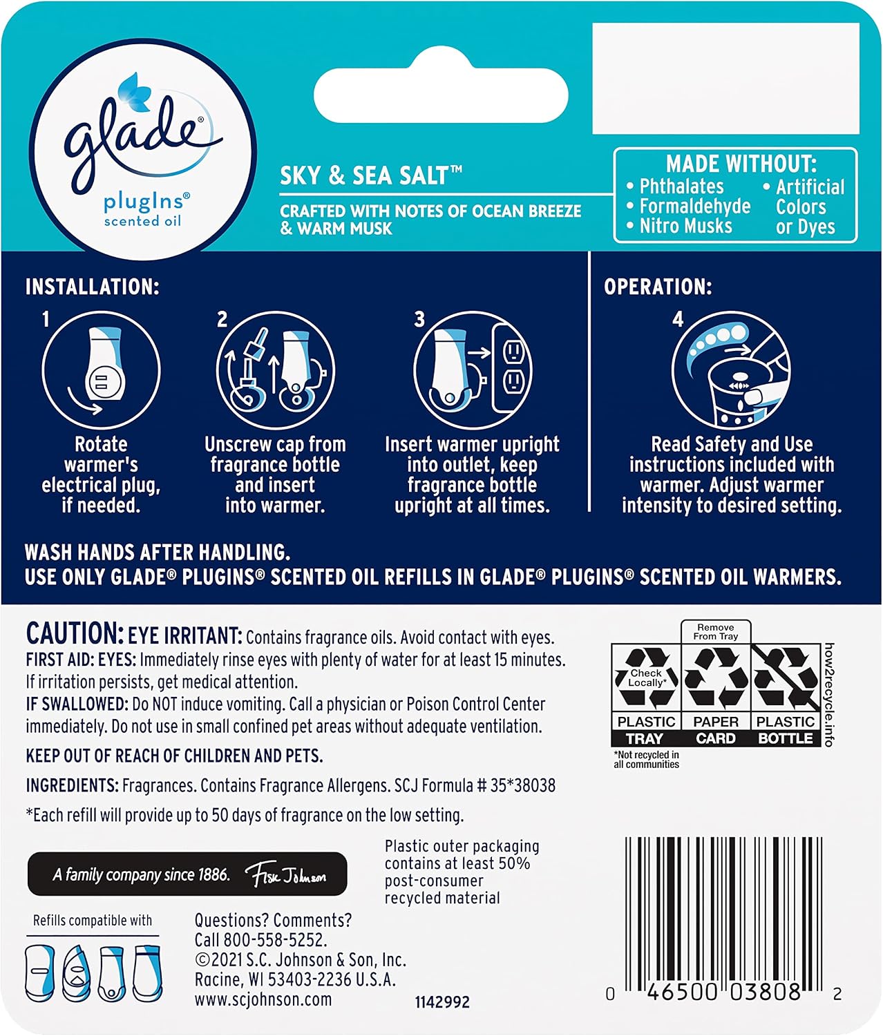Glade PlugIns Refills Air Freshener, Scented and Essential Oils for Home and Bathroom, Tranquil Lavender & Aloe, 1.34 Fl Oz, 2 Count