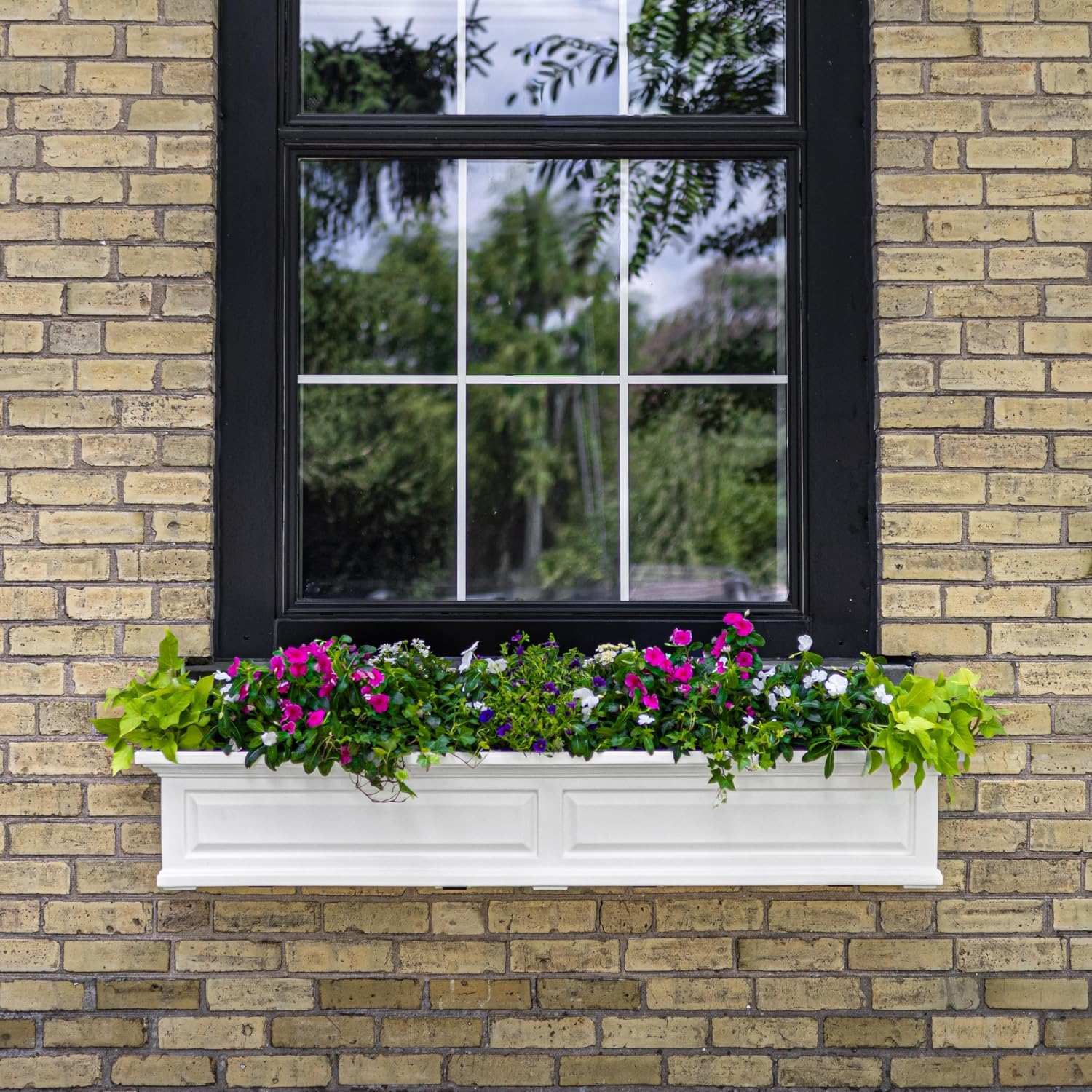 Mayne Nantucket 36in Self-Watering Rectangular Window Box Planter, White | Self-watering, All season, Fade resistant, Mounting brackets included, Built-in overflow, 15-year warranty