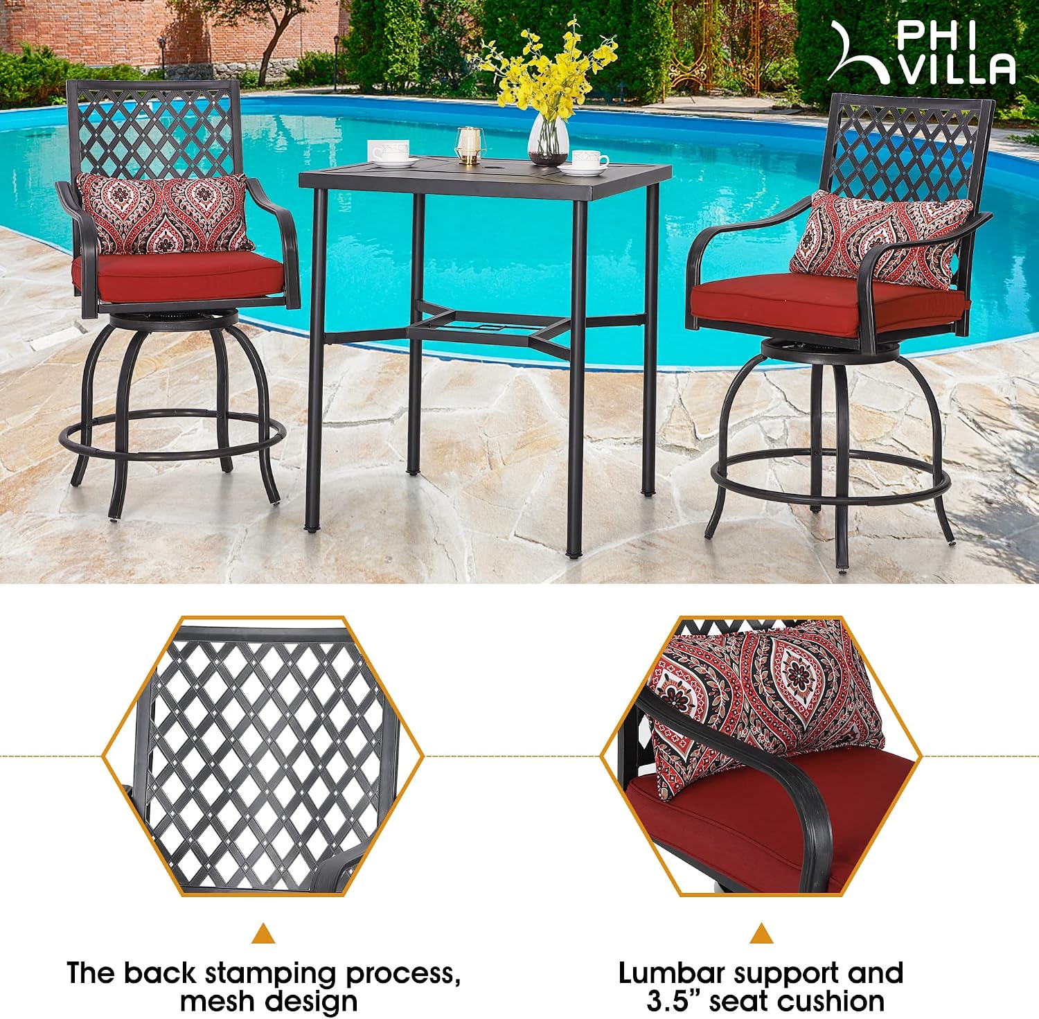 PHI VILLA Outdoor Bar Set 3 PCS Patio Bistro Table & Swivel Stools