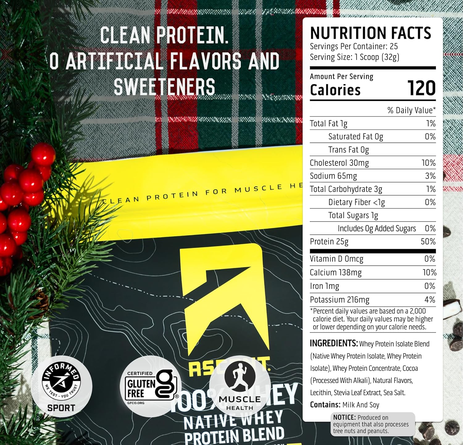 Ascent 100% Whey Protein Powder - Post Workout Whey Protein Isolate, Zero Artificial Flavors & Sweeteners, Gluten Free, 5.5g BCAA, 2.6g Leucine, Unflavored 2 lb