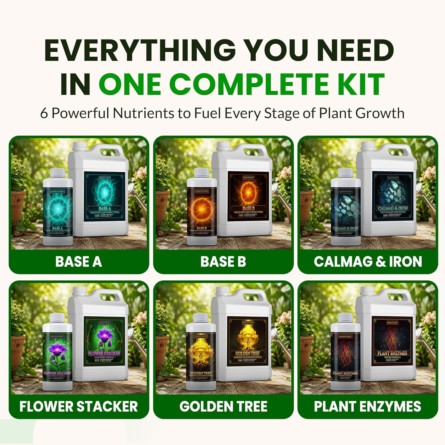 Humboldts Secret Starter Kit Pack | Indoor and Outdoor Plant Fertilizer and Hydroponic Nutrients | Base A & B, CalMag and Iron, Golden Tree, Flower Stacker, Plant Enzymes | Complete Garden System