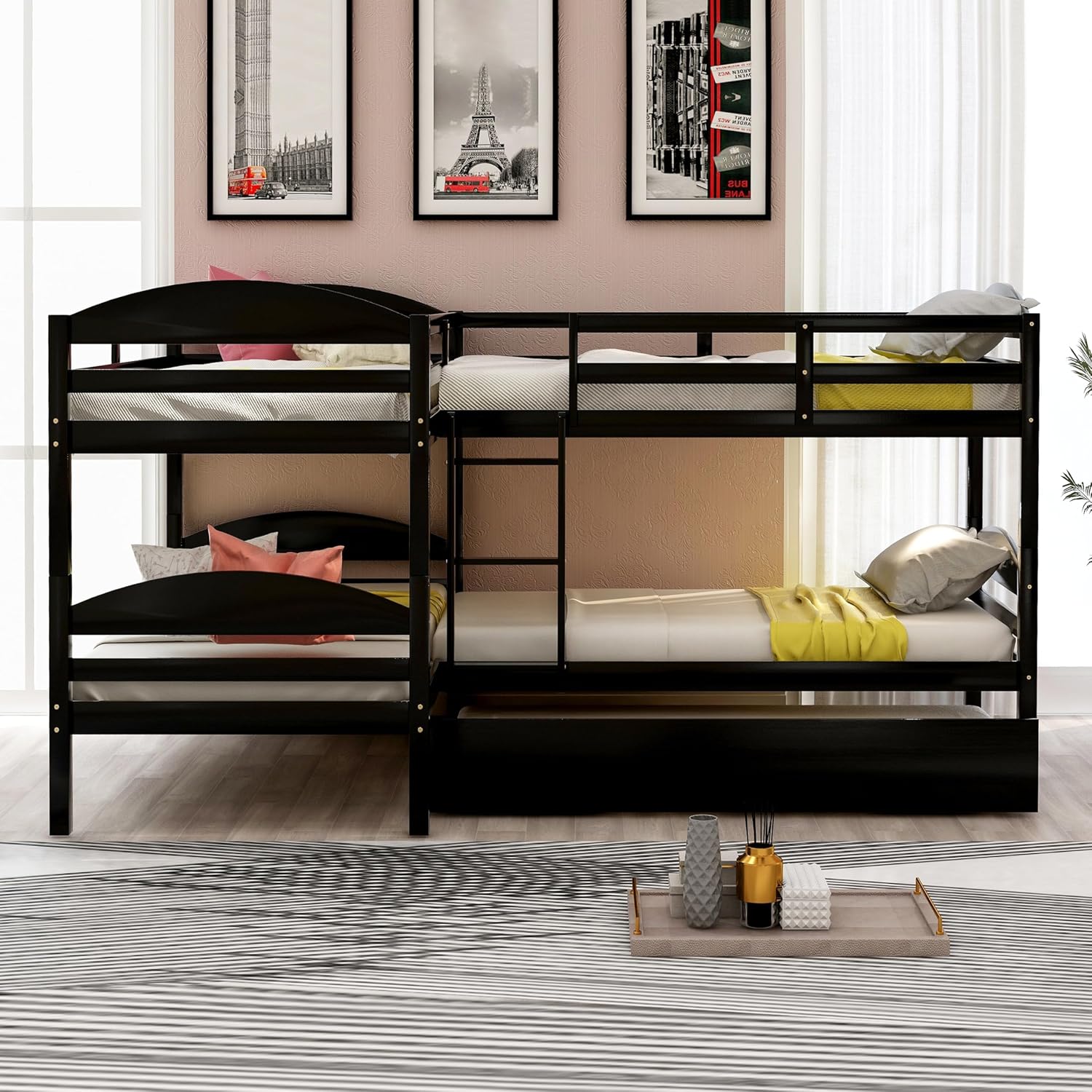 Harper & Bright Designs Twin L-Shaped Bunk Bed with Trundle, Can be Divided into Two L-Shaped Beds, No Spring Box Needed (Grey)