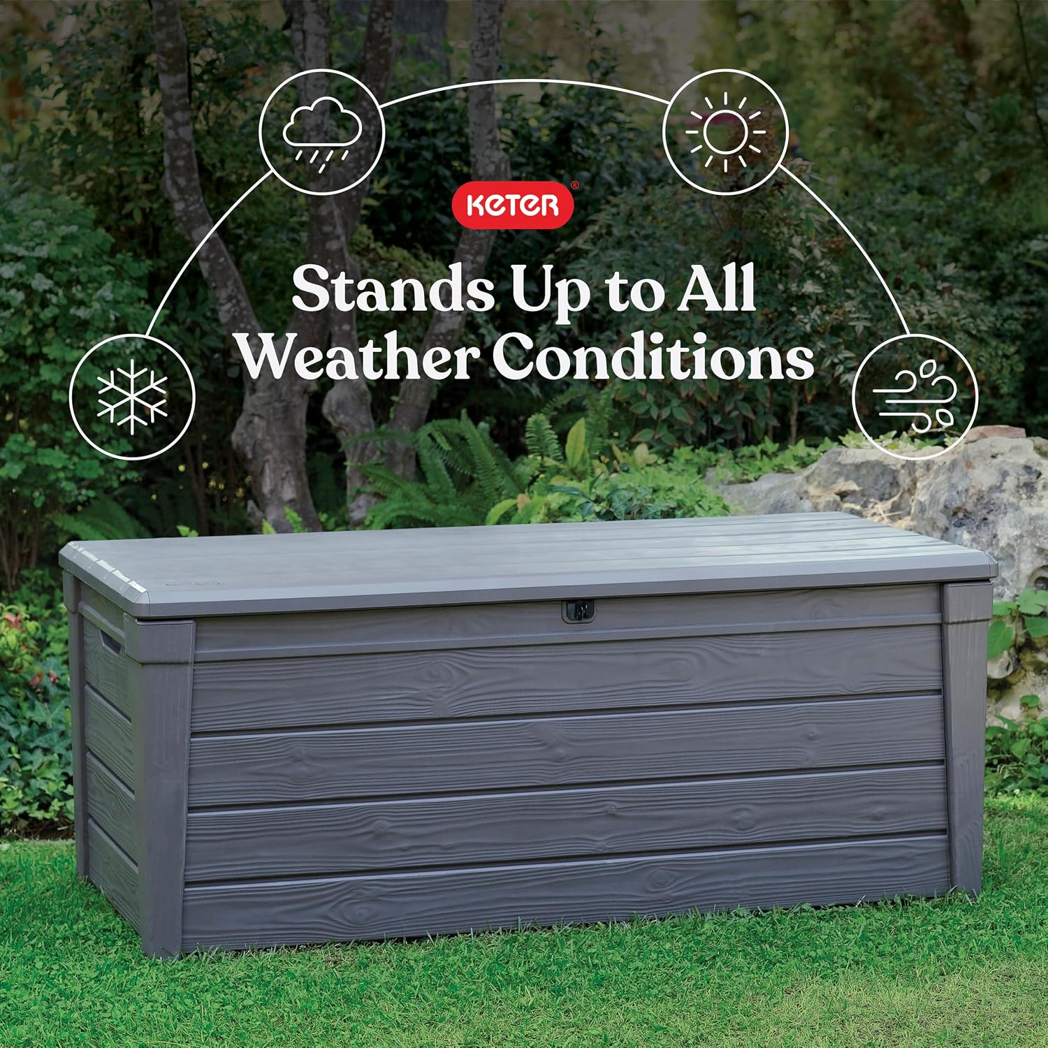 Keter Brightwood 120 Gallon Resin Large Deck Box for Patio Garden, Outdoor Cushion Storage, Pool Accessories, Tools, Grey