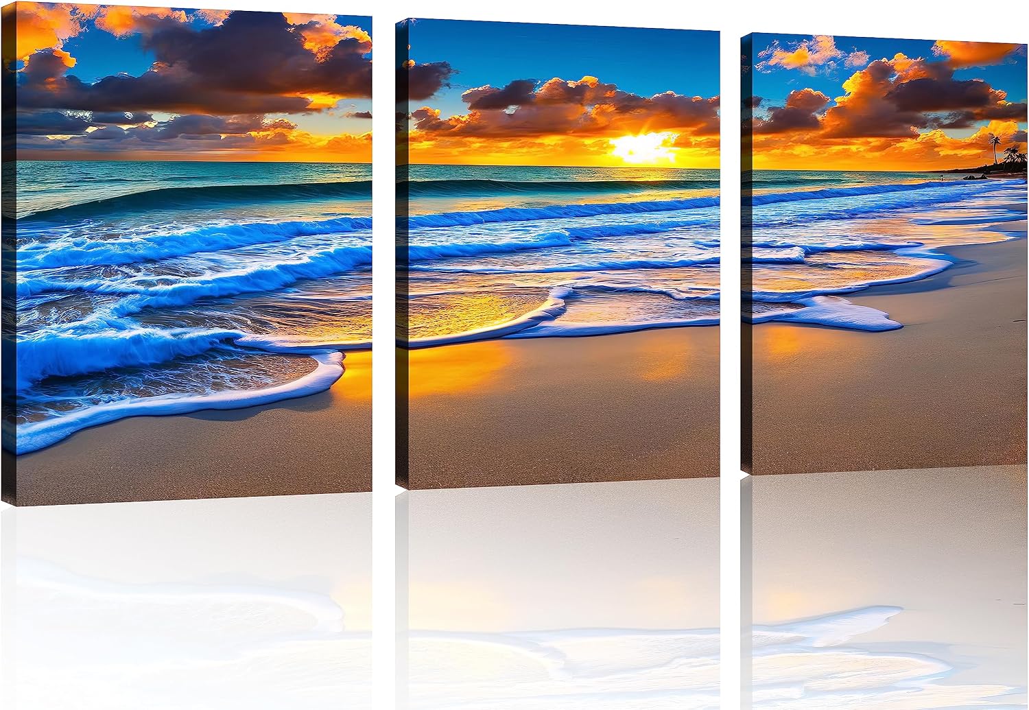 TutuBeer 3 Panel Beach Canvas Wall Art for Home Decor Blue Sea Sunset White Beach Painting the Picture Print on Canvas Seascape the Pictures for Home Decor Decoration,Ready to Hang