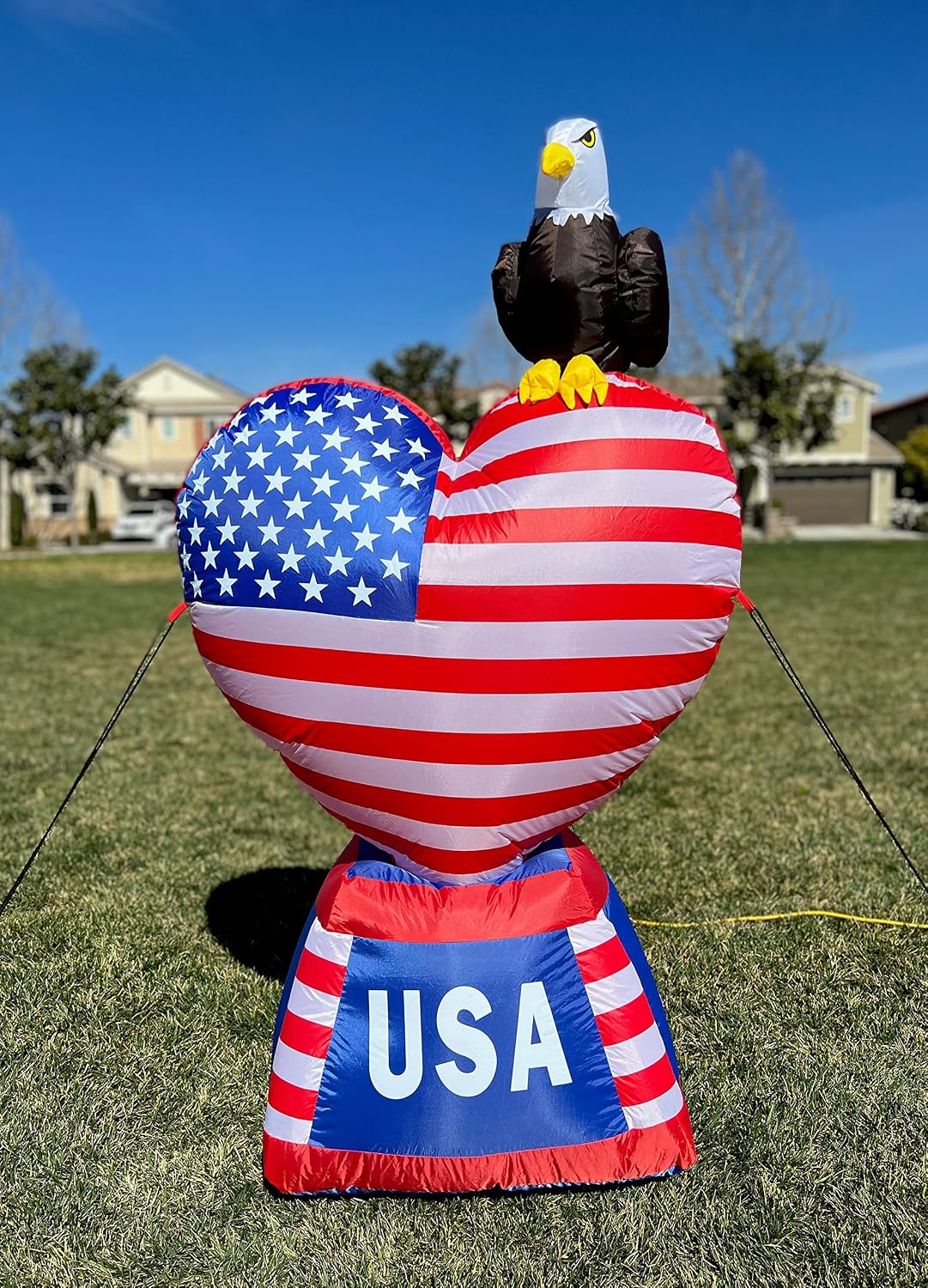 5 Foot Tall Patriotic Independence Day 4th of July Inflatable | Love Heart with American Flag and Bald Eagle, Pre-Lit LED Lights, Outdoor Indoor
