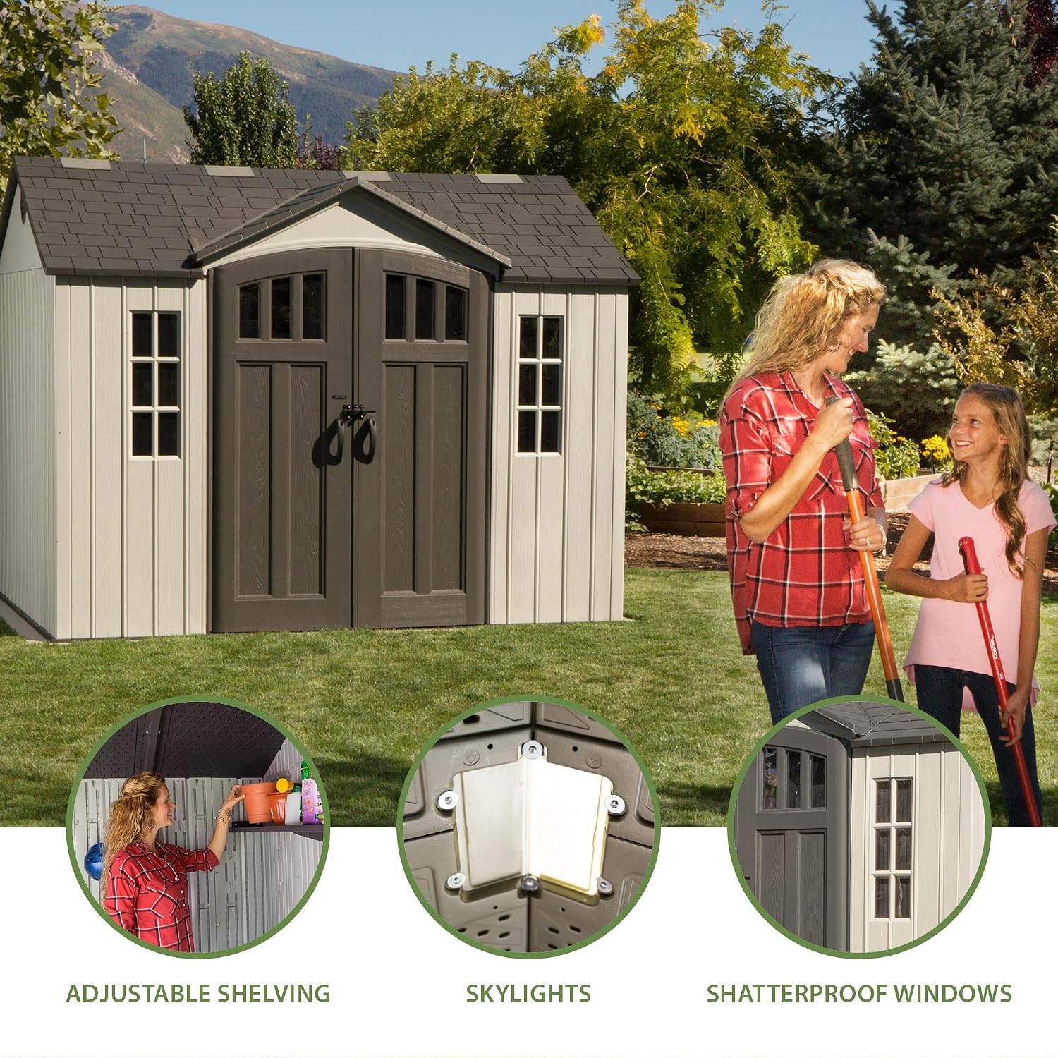 Lifetime 10×8 Ft. Outdoor Storage Shed, Dual‑Wall HDPE with Steel‑Reinforced Structure, Side‑Entry Doors with Windows, Skylight, Screened Vents