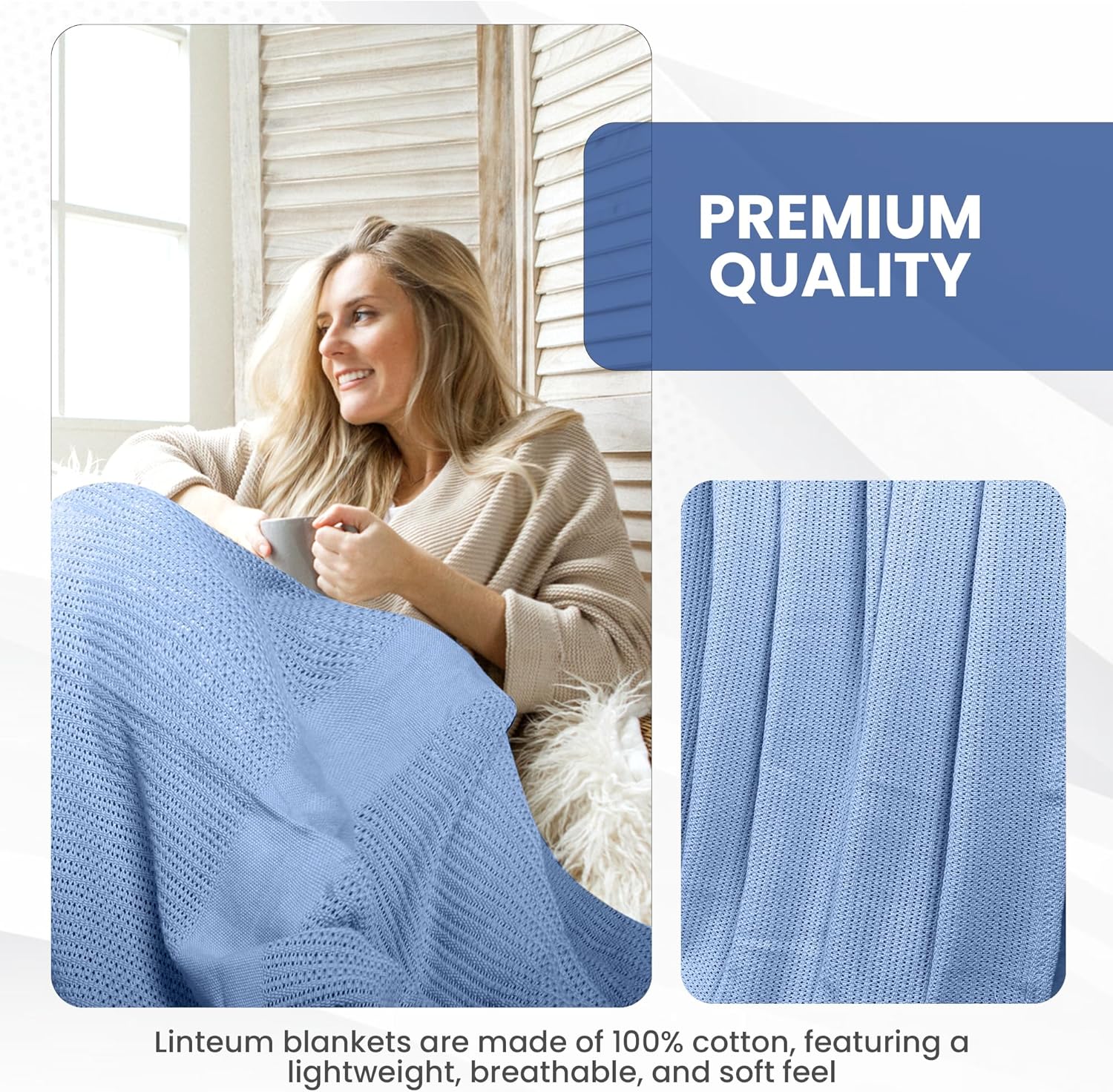 Linteum 100% Cotton Open-Cell Leno Weave Blanket — Breathable All Season — Queen 90x90 — Ice Grey