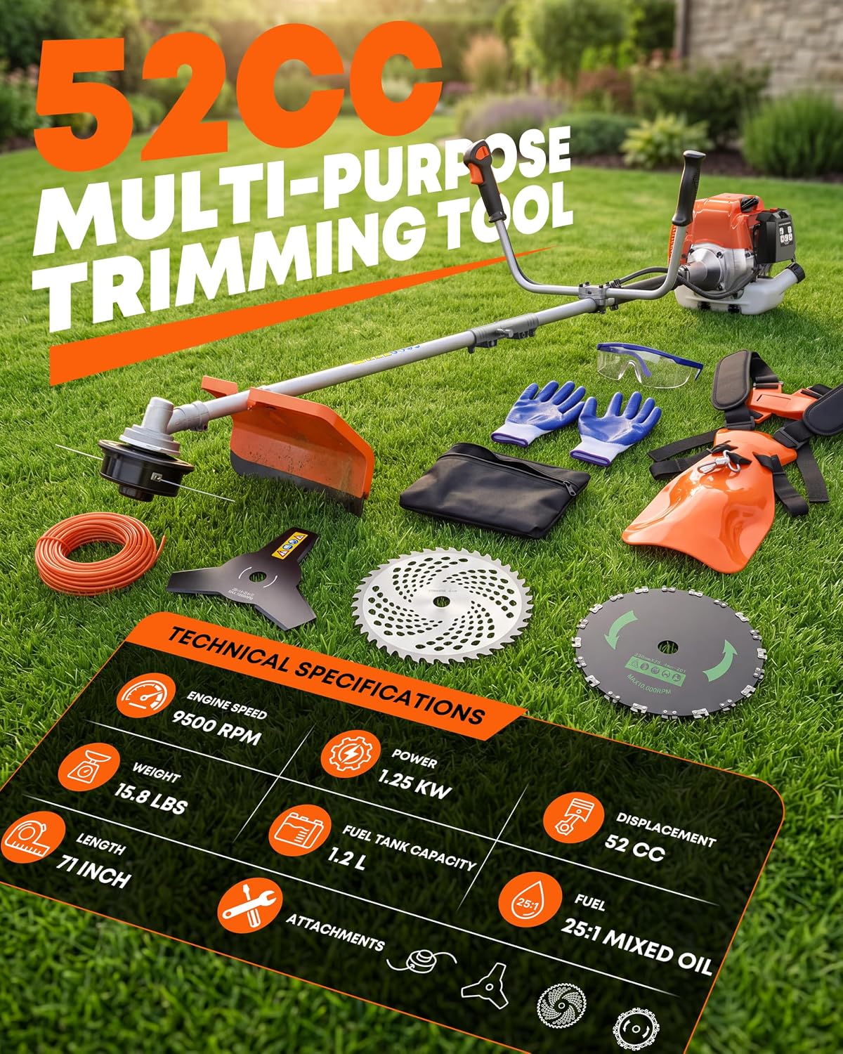 52cc 4-in-1 Gas Weed Eater and Brush Cutter - Straight Shaft Commercial Weed Wacker with Metal Blade - Heavy Duty 2-Cycle Multi-Tool System for Tall